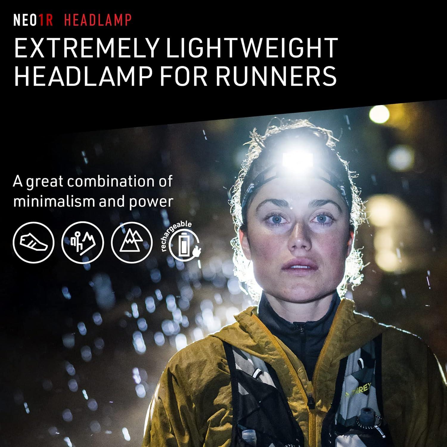 Ledlenser NEO1R LED headlamp for Jogging, Running lamp, Running, 250 lumens, Compact, Ultra-Light 39g, Near and far, Rechargeable, Reflective Headband, red Front Light (Black)