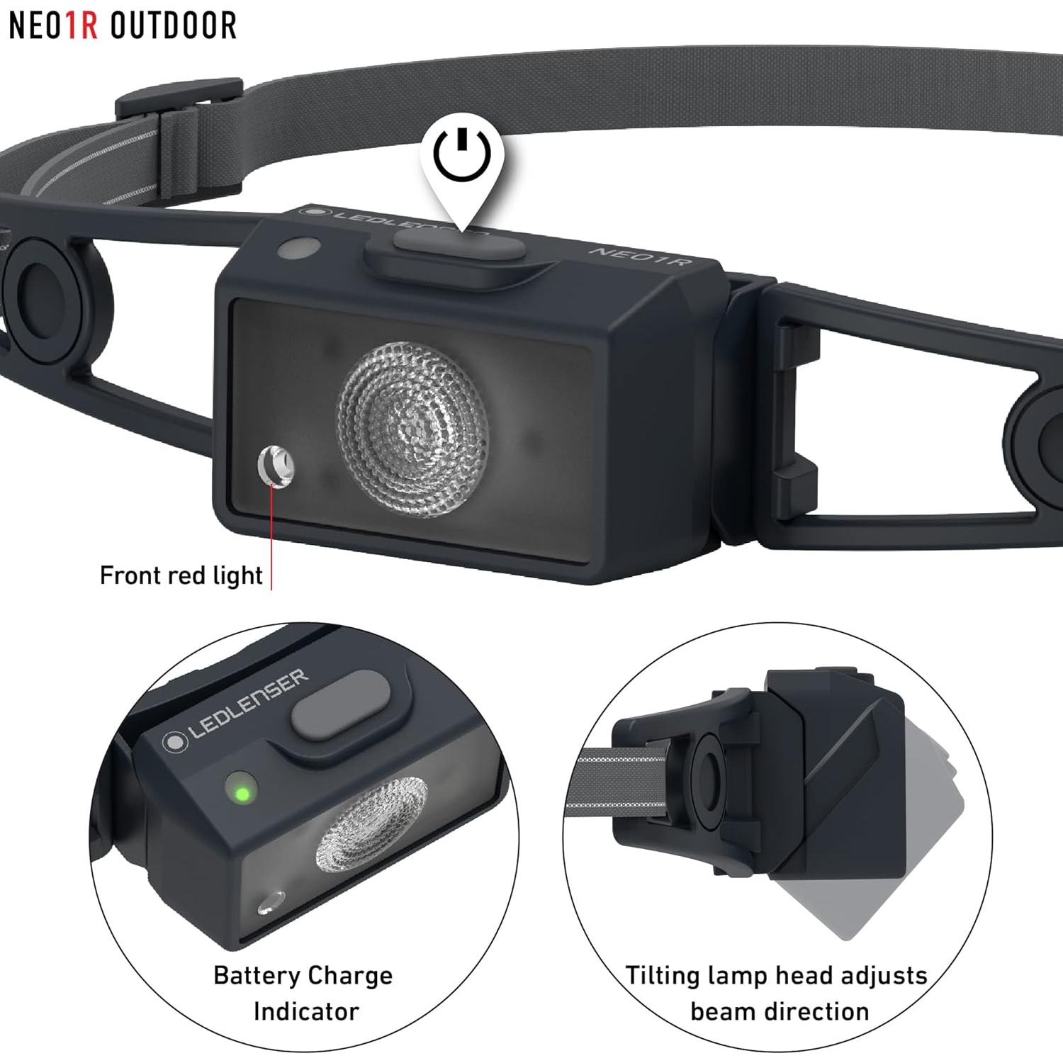 Ledlenser NEO1R LED headlamp for Jogging, Running lamp, Running, 250 lumens, Compact, Ultra-Light 39g, Near and far, Rechargeable, Reflective Headband, red Front Light (Black)
