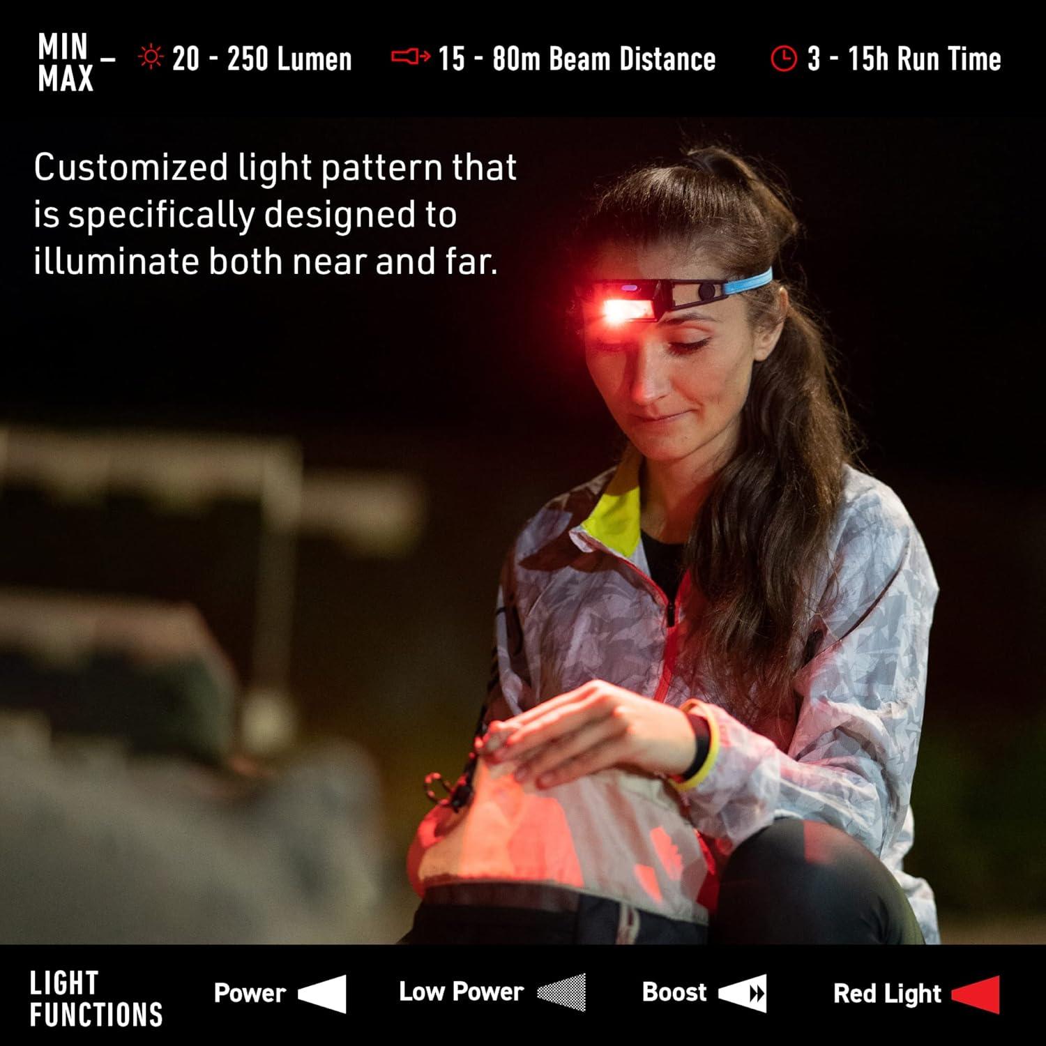 Ledlenser NEO1R LED headlamp for Jogging, Running lamp, Running, 250 lumens, Compact, Ultra-Light 39g, Near and far, Rechargeable, Reflective Headband, red Front Light (Black)