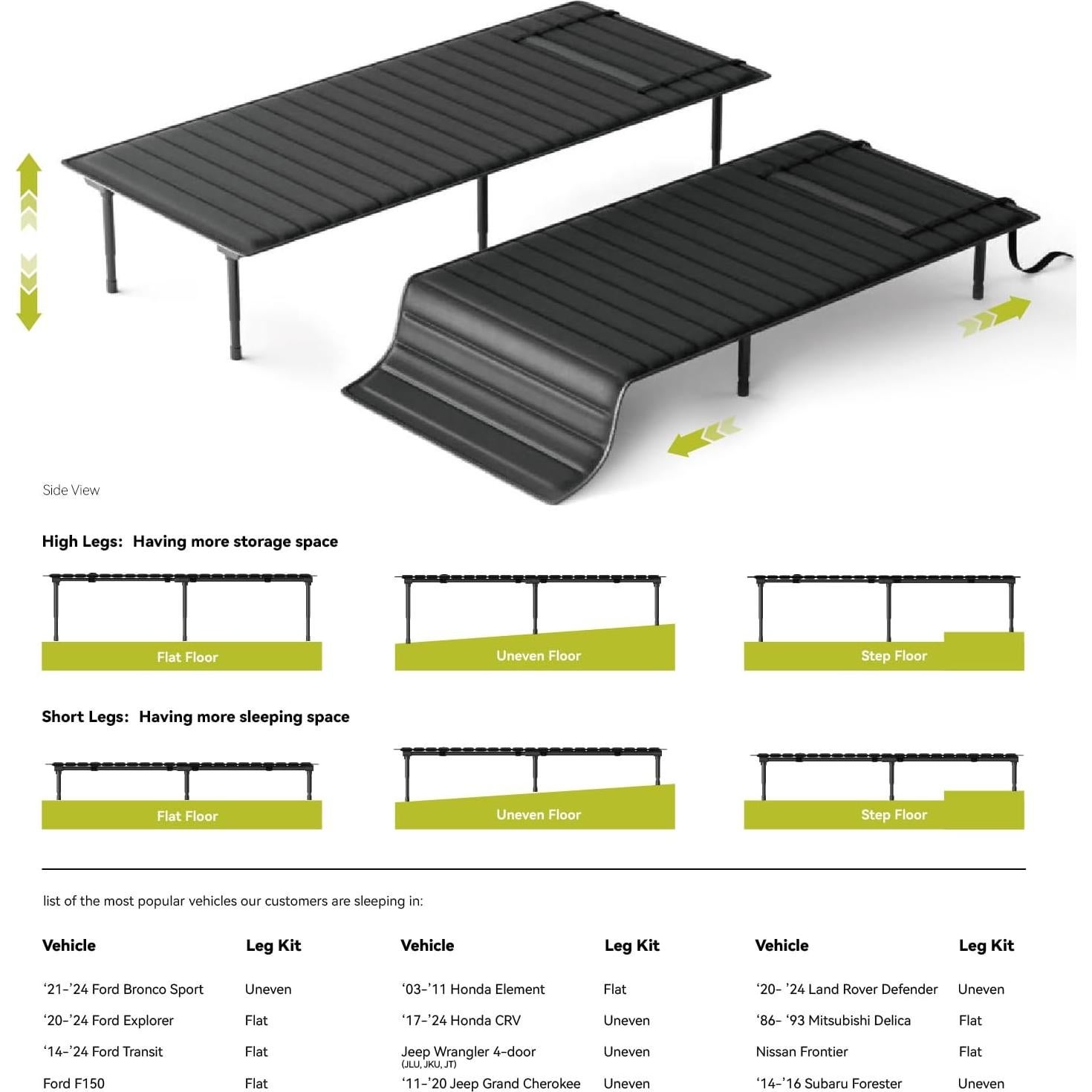 Folding Camping Cot for Universal SUV Truck MVP,Car Bed with Adjustable Leg and Length 600D Oxford Non Inflatable Air Mattress,Sleeping Platform for Traveling Black(Short Legs)