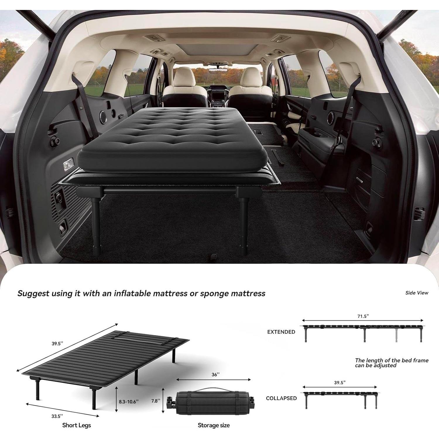 Folding Camping Cot for Universal SUV Truck MVP,Car Bed with Adjustable Leg and Length 600D Oxford Non Inflatable Air Mattress,Sleeping Platform for Traveling Black(Short Legs)