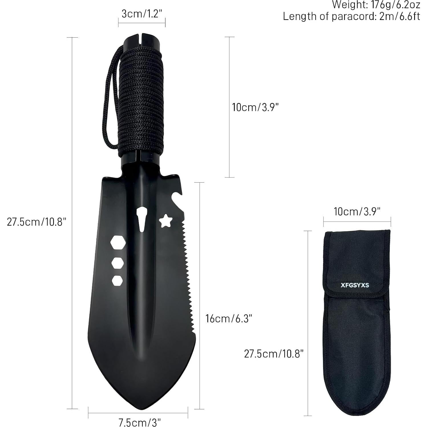 Pala de Camping Compacta XFGSYXS, Acero Inoxidable, Negra