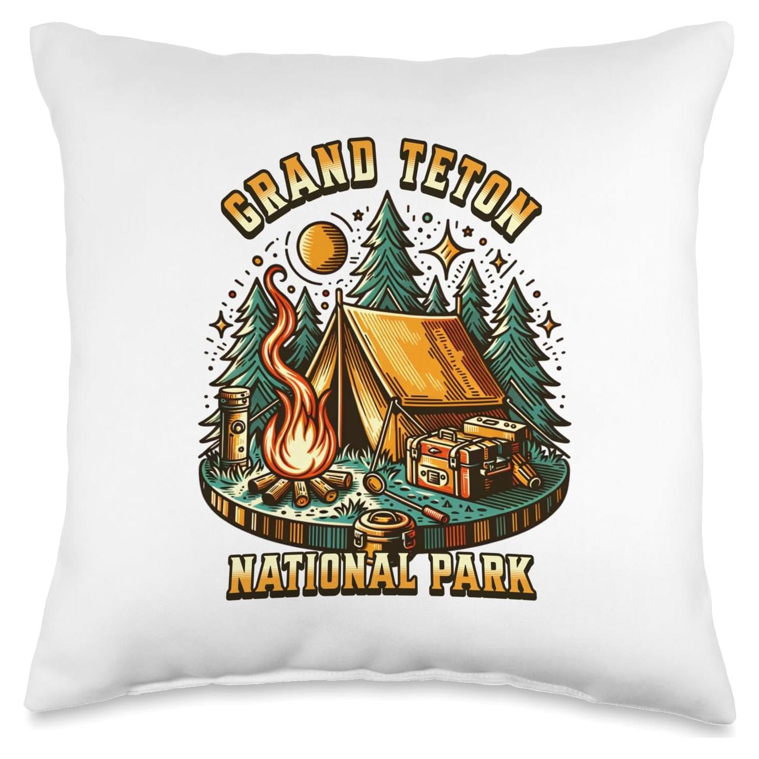 Retro Camping Forest Tent Campfire Grand Teton National Park Throw Pillow