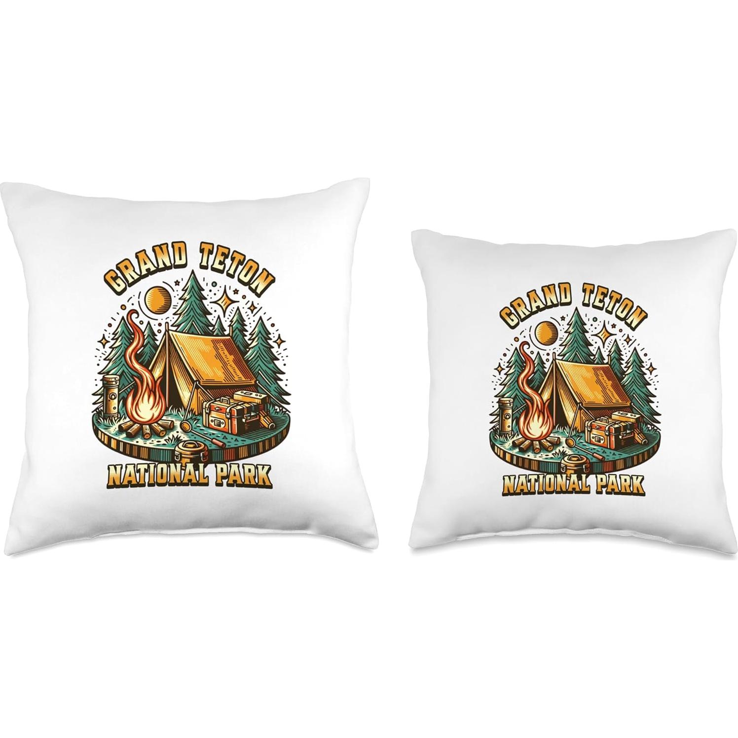 Retro Camping Forest Tent Campfire Grand Teton National Park Throw Pillow
