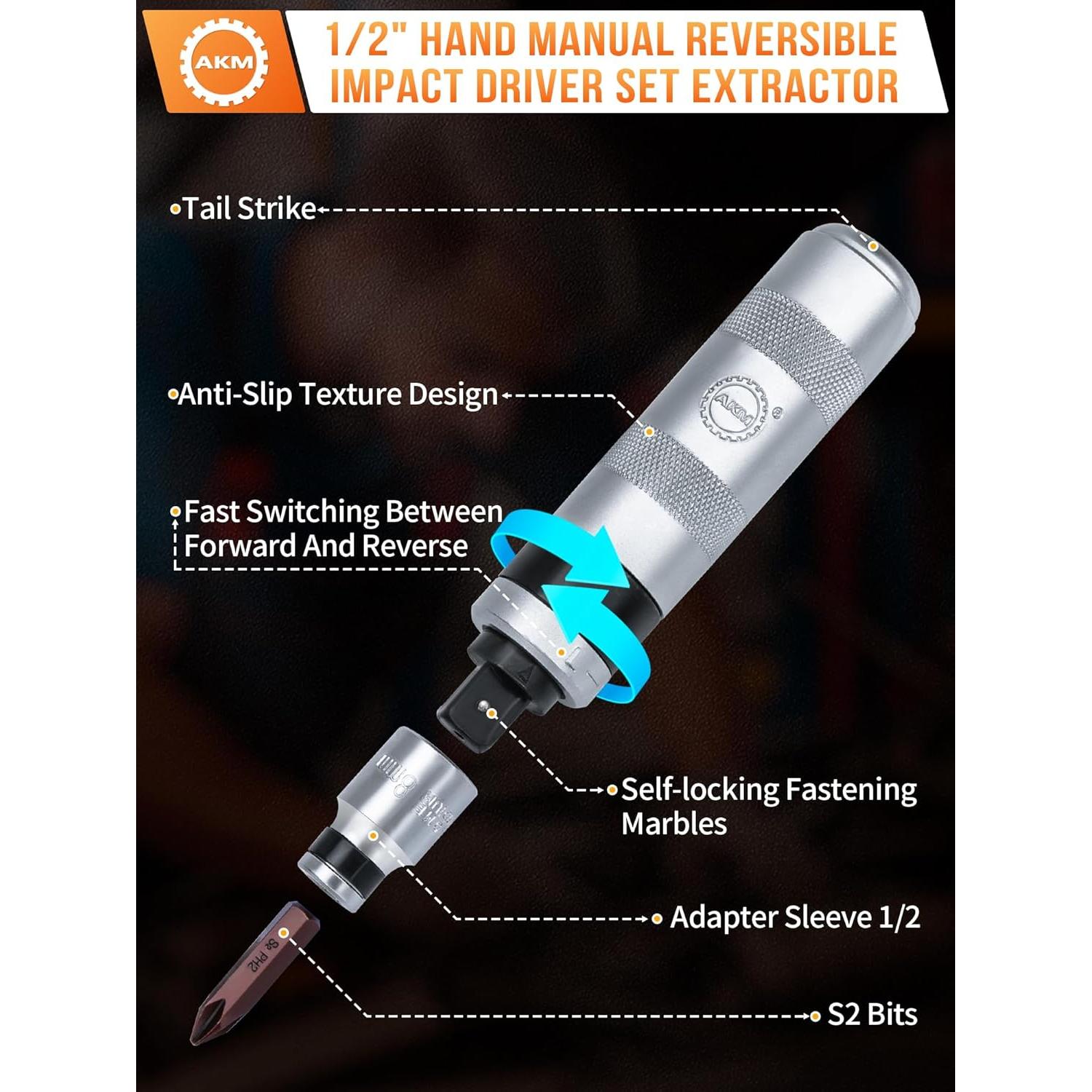 Juego de Destornillador de Impacto Manual AKM 12 PCS Acero S2