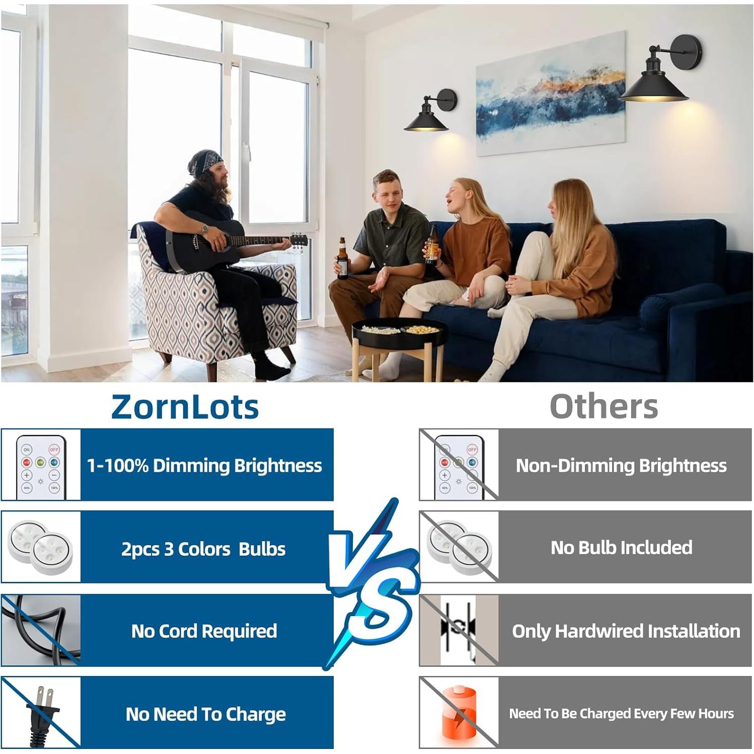 Juego de 2 Apliques de Pared Inalámbricos LED ZornLots Negro