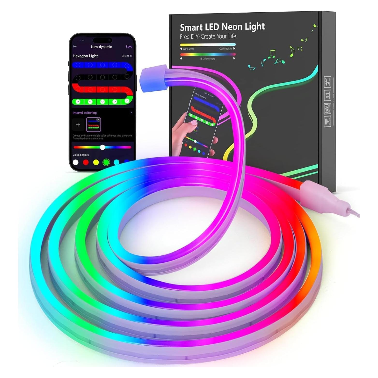 Neon Rope Lights - 6.4ft RGB LED Strip with App Control, Music Sync, Flexible DIY Design, 5V Neon Lights for Bedroom, Living Room, Gaming, and Party Decoration (6.4FT)