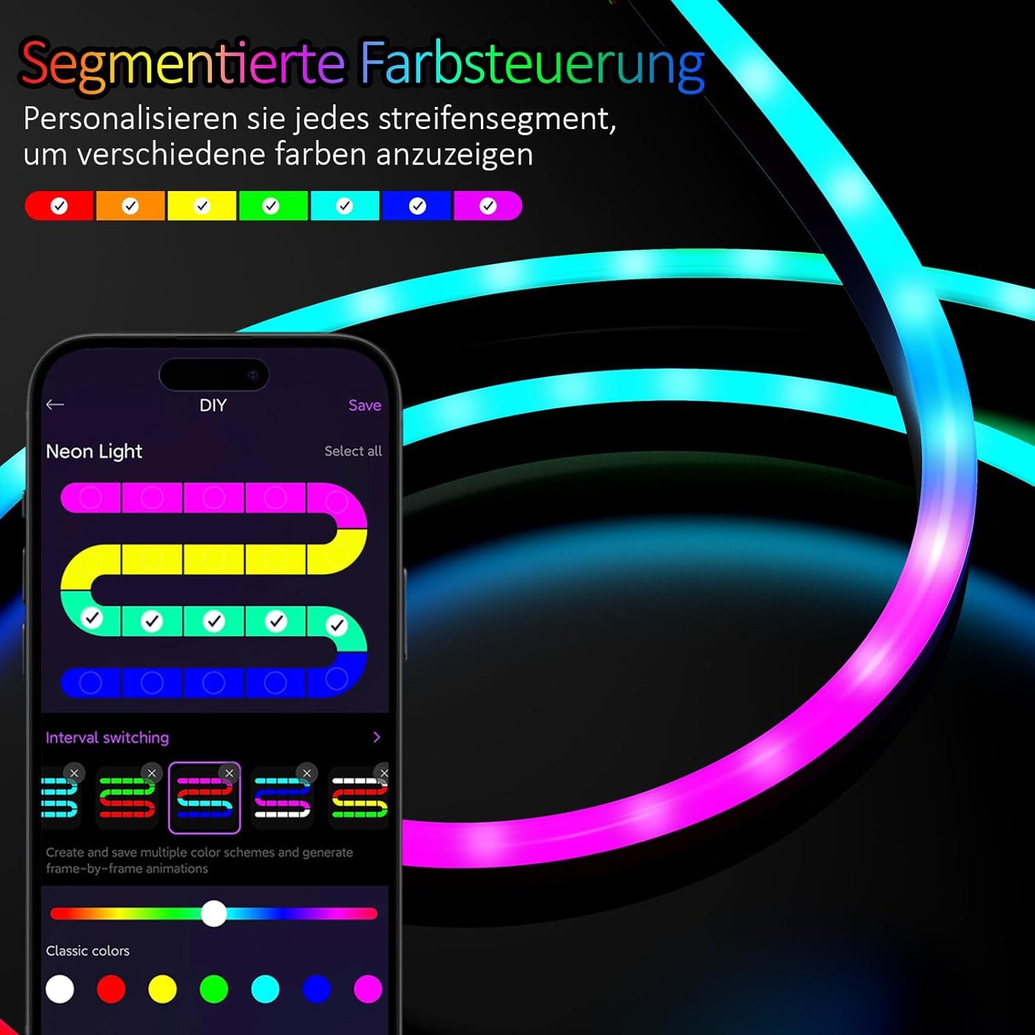 Neon Rope Lights - 6.4ft RGB LED Strip with App Control, Music Sync, Flexible DIY Design, 5V Neon Lights for Bedroom, Living Room, Gaming, and Party Decoration (6.4FT)