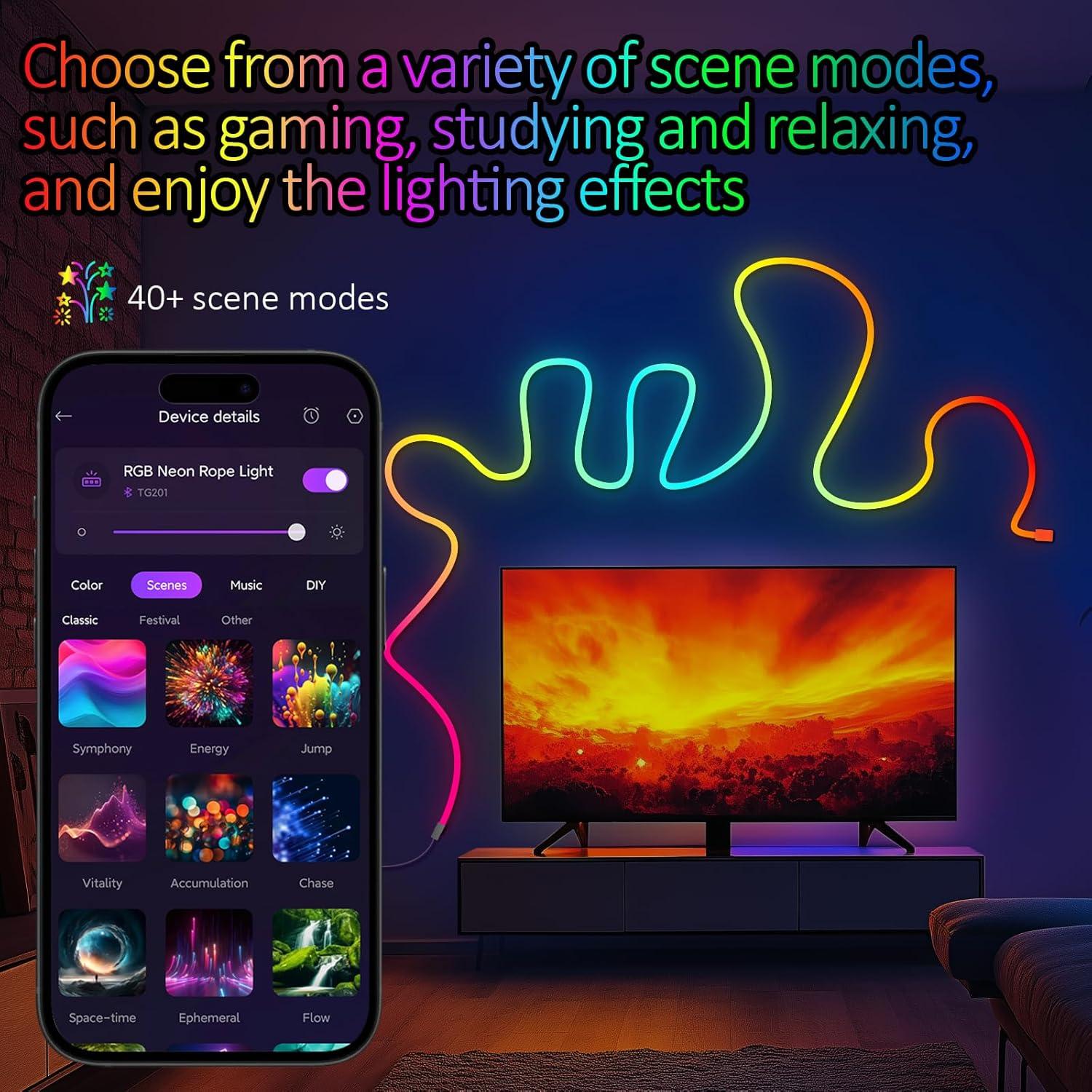 Neon Rope Lights - 6.4ft RGB LED Strip with App Control, Music Sync, Flexible DIY Design, 5V Neon Lights for Bedroom, Living Room, Gaming, and Party Decoration (6.4FT)