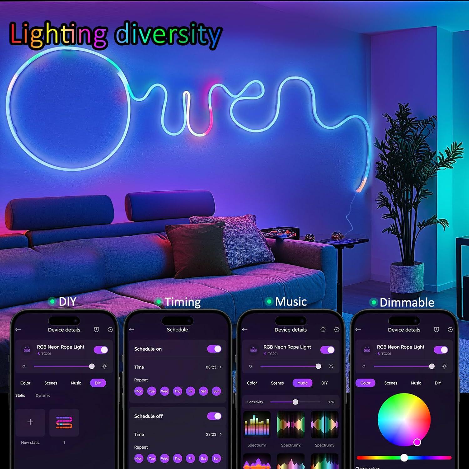 Neon Rope Lights - 6.4ft RGB LED Strip with App Control, Music Sync, Flexible DIY Design, 5V Neon Lights for Bedroom, Living Room, Gaming, and Party Decoration (6.4FT)