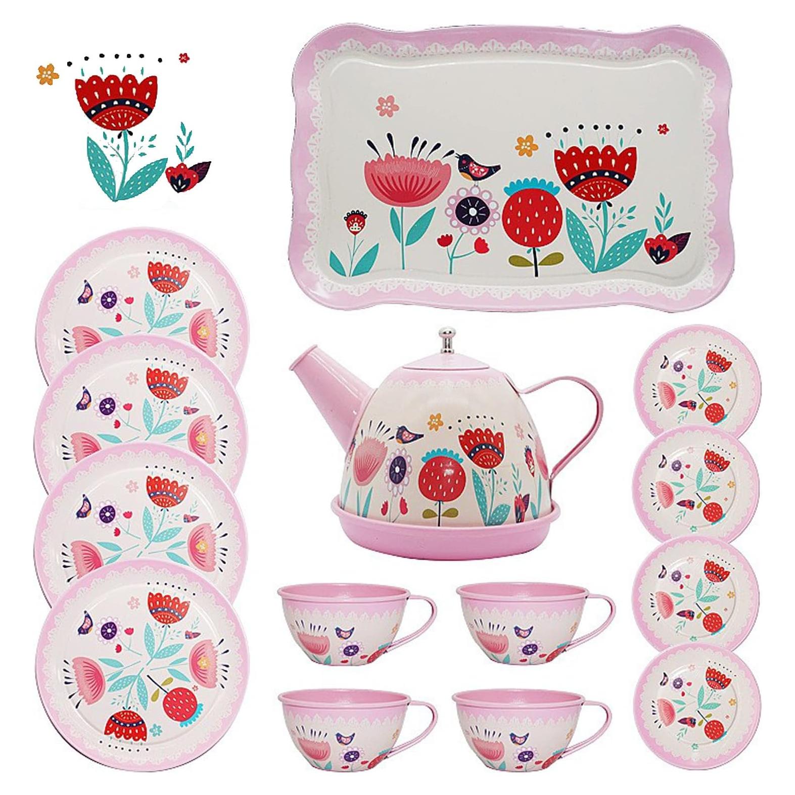 Juego de té rosa para niñas Xlong con diseño floral 14 piezas