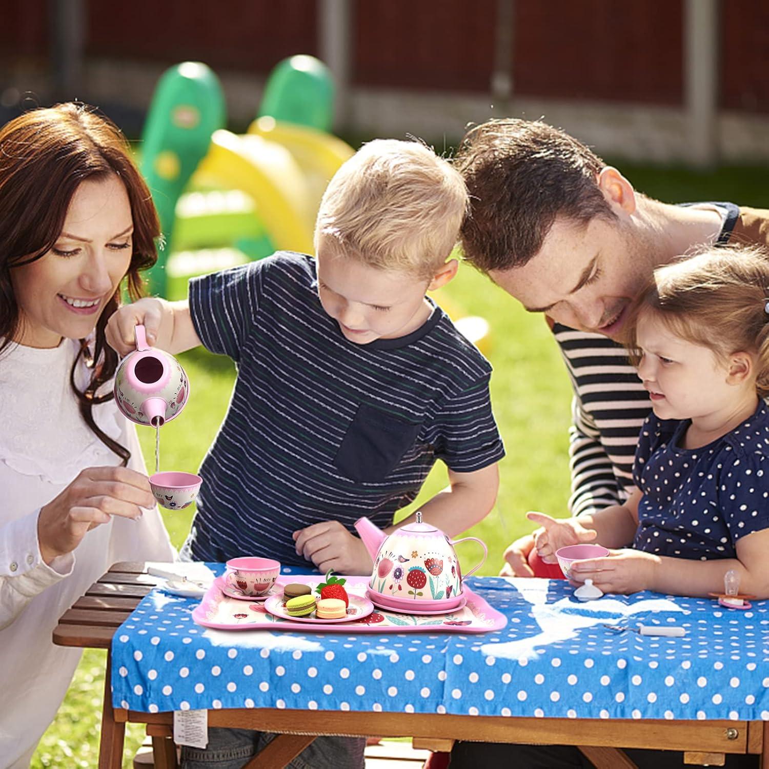 Juego de té rosa para niñas Xlong con diseño floral 14 piezas