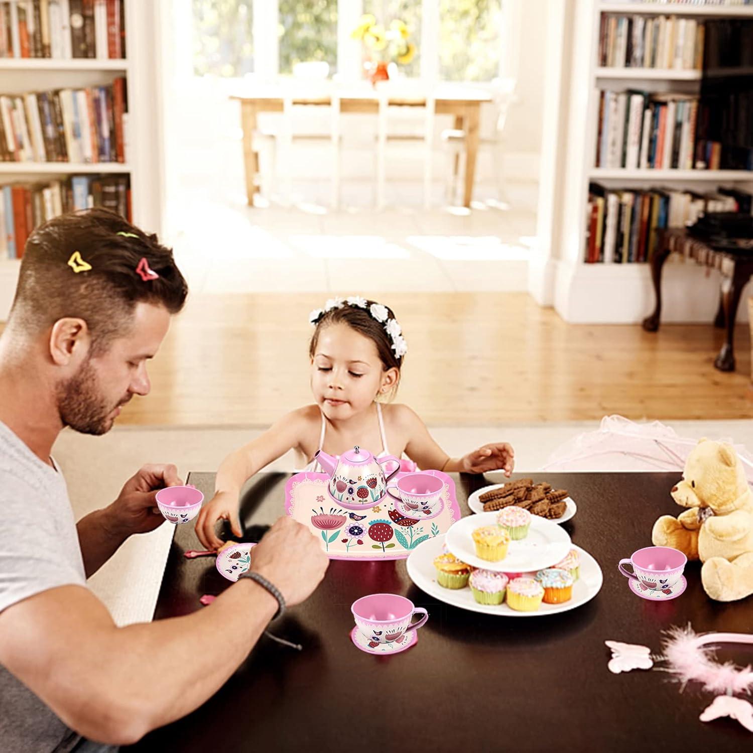 Juego de té rosa para niñas Xlong con diseño floral 14 piezas