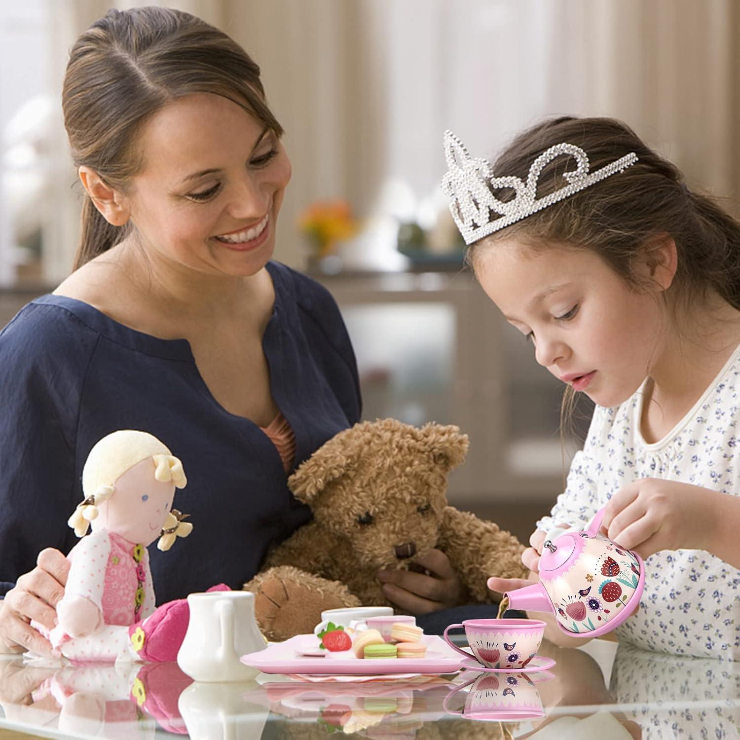 Juego de té rosa para niñas Xlong con diseño floral 14 piezas