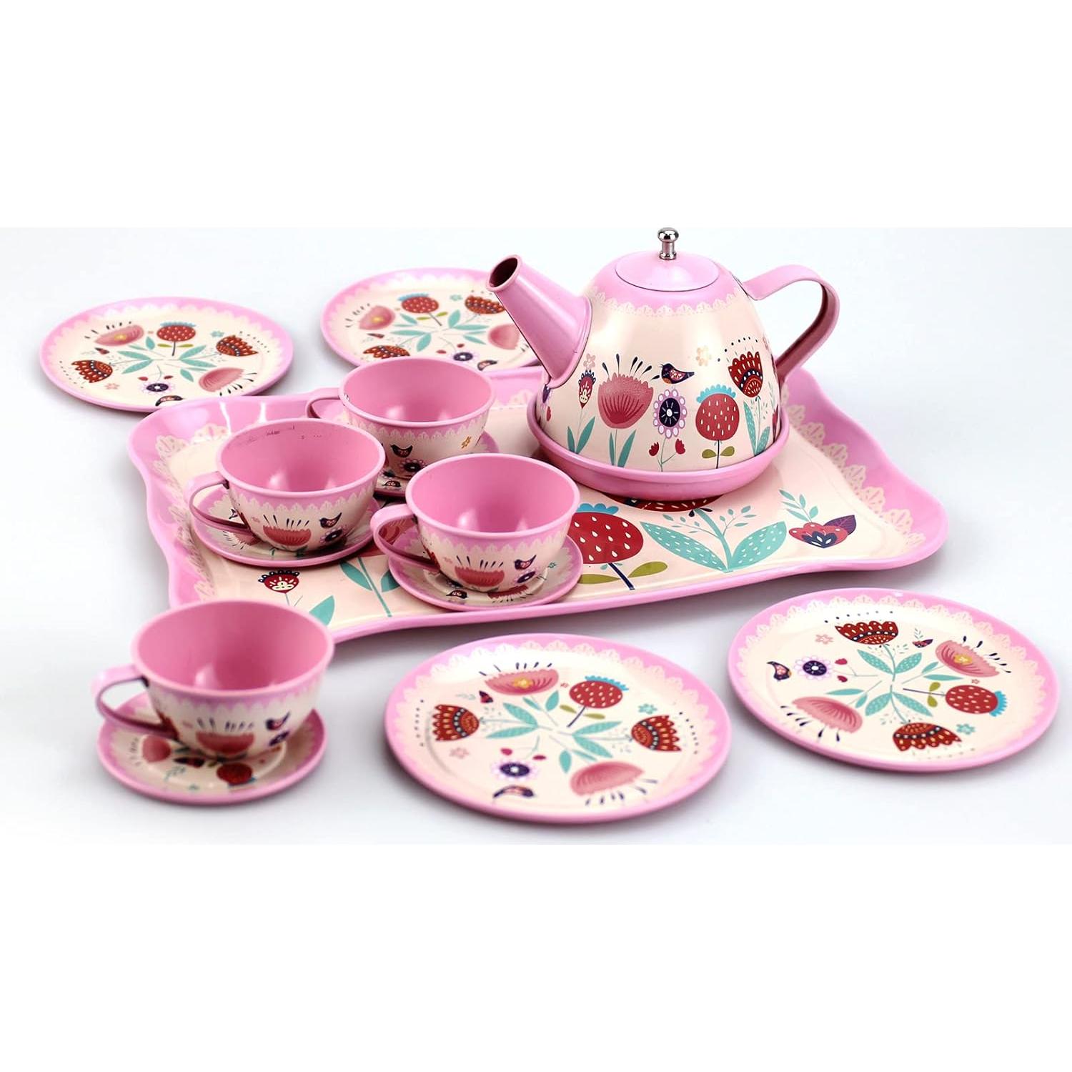 Juego de té rosa para niñas Xlong con diseño floral 14 piezas
