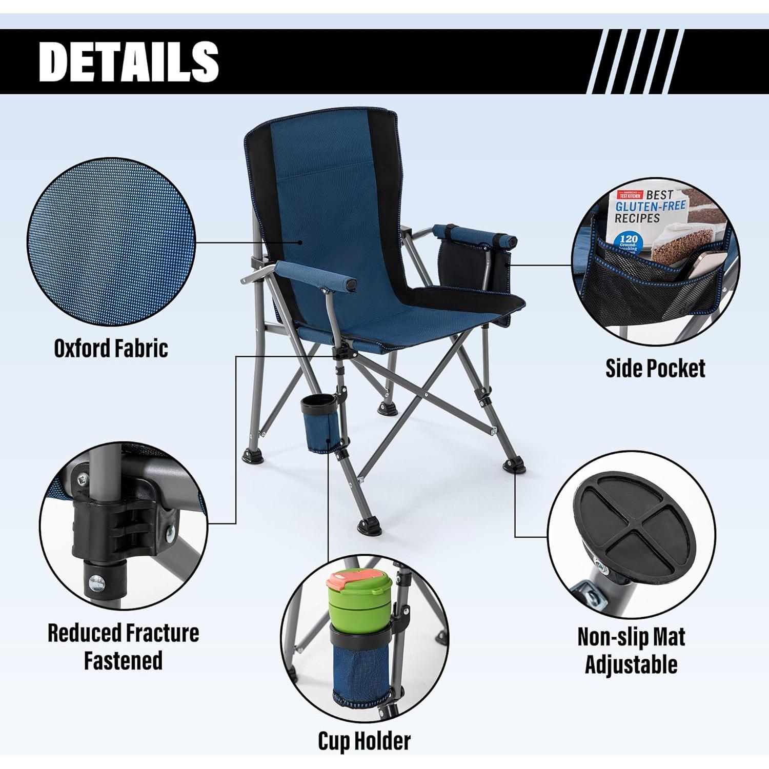 Lamberia Camping Chair for Adults, Heavy Duty 330lbs Capacity Folding Chairs for Outdoor, 600D Oxford Mesh High Back Camping Chairs with Arm Rest Cup Holder and Portable Carrying Bag(Blue)