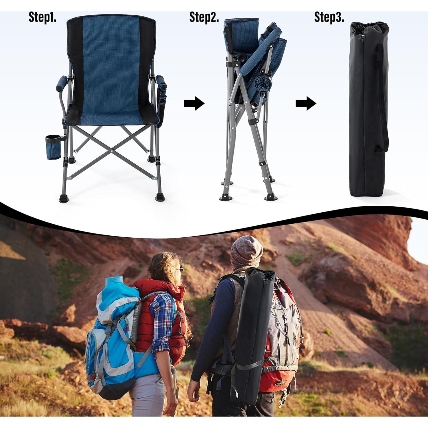Lamberia Camping Chair for Adults, Heavy Duty 330lbs Capacity Folding Chairs for Outdoor, 600D Oxford Mesh High Back Camping Chairs with Arm Rest Cup Holder and Portable Carrying Bag(Blue)