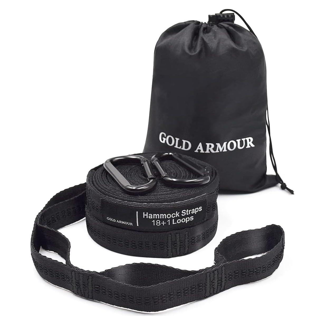 Gold Armour Hammock Straps XL Combined 20 Ft Long, 36 Loops with 2 Carabiners - Must Have Camping Hammock Accessories & Gear to Hang Camping Hammocks (Black with Black Stitching)