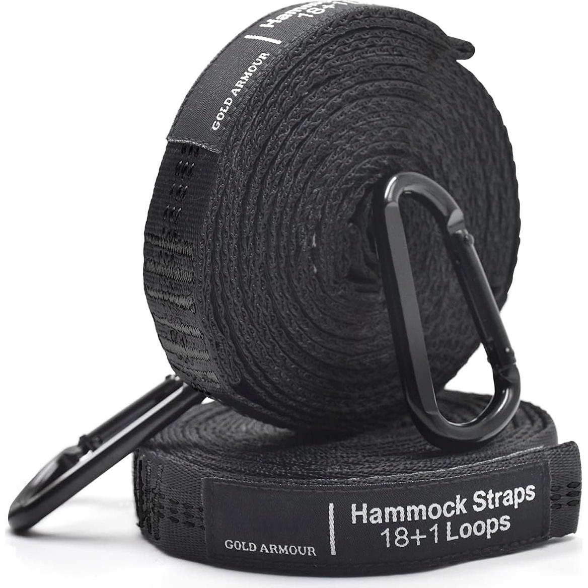 Gold Armour Hammock Straps XL Combined 20 Ft Long, 36 Loops with 2 Carabiners - Must Have Camping Hammock Accessories & Gear to Hang Camping Hammocks (Black with Black Stitching)