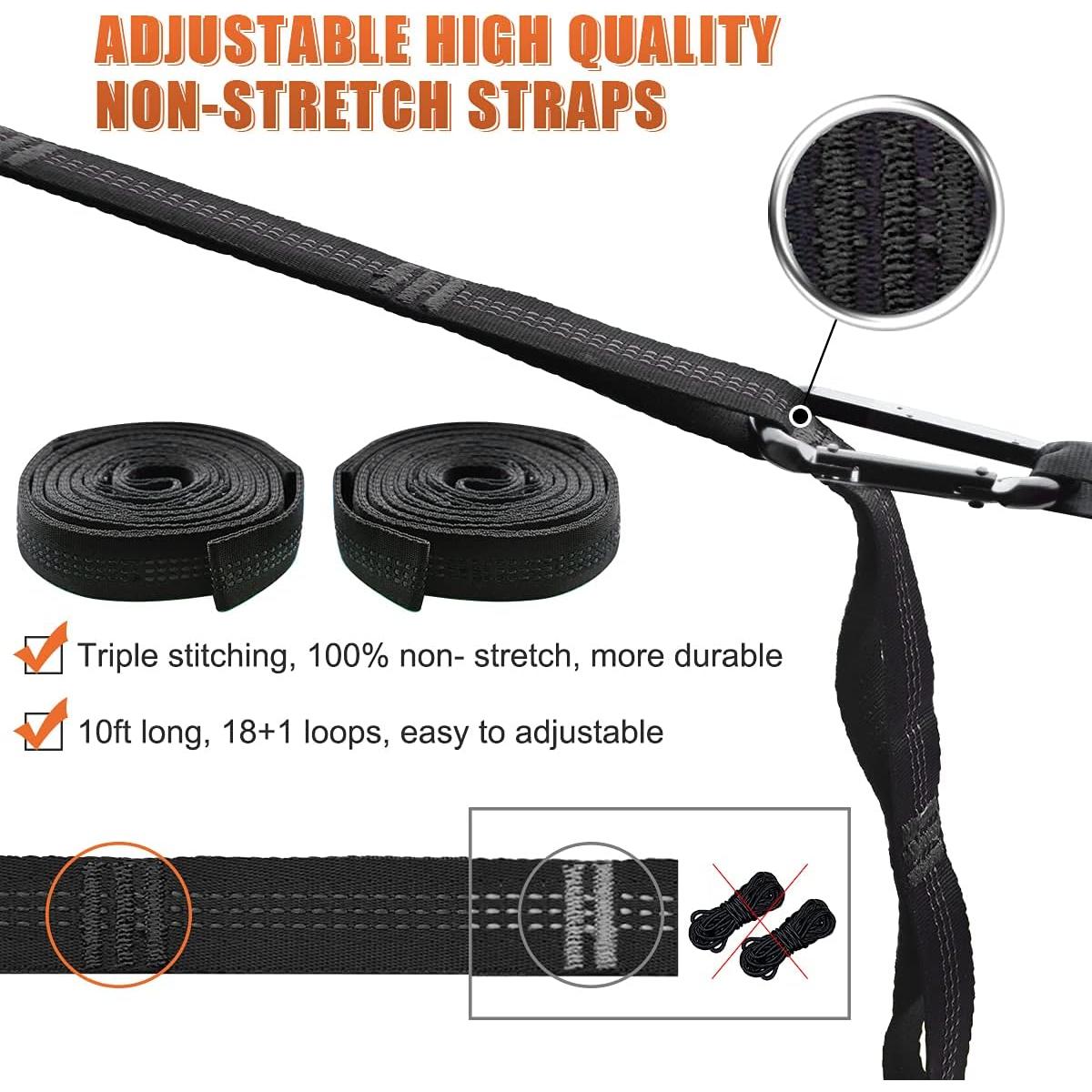Gold Armour Hammock Straps XL Combined 20 Ft Long, 36 Loops with 2 Carabiners - Must Have Camping Hammock Accessories & Gear to Hang Camping Hammocks (Black with Black Stitching)