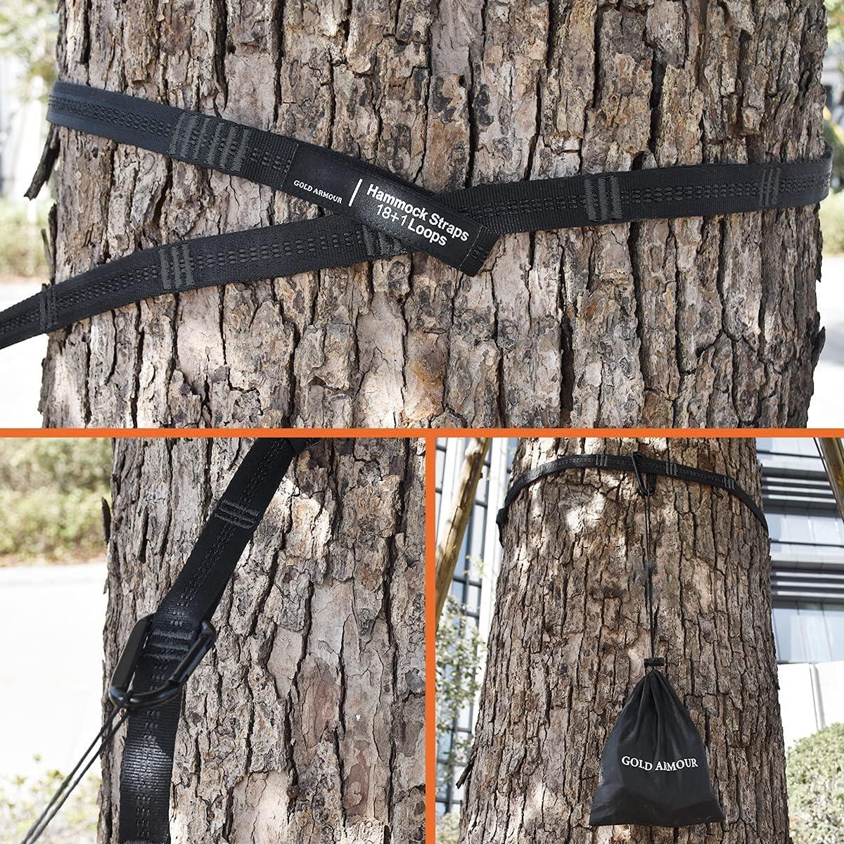 Gold Armour Hammock Straps XL Combined 20 Ft Long, 36 Loops with 2 Carabiners - Must Have Camping Hammock Accessories & Gear to Hang Camping Hammocks (Black with Black Stitching)