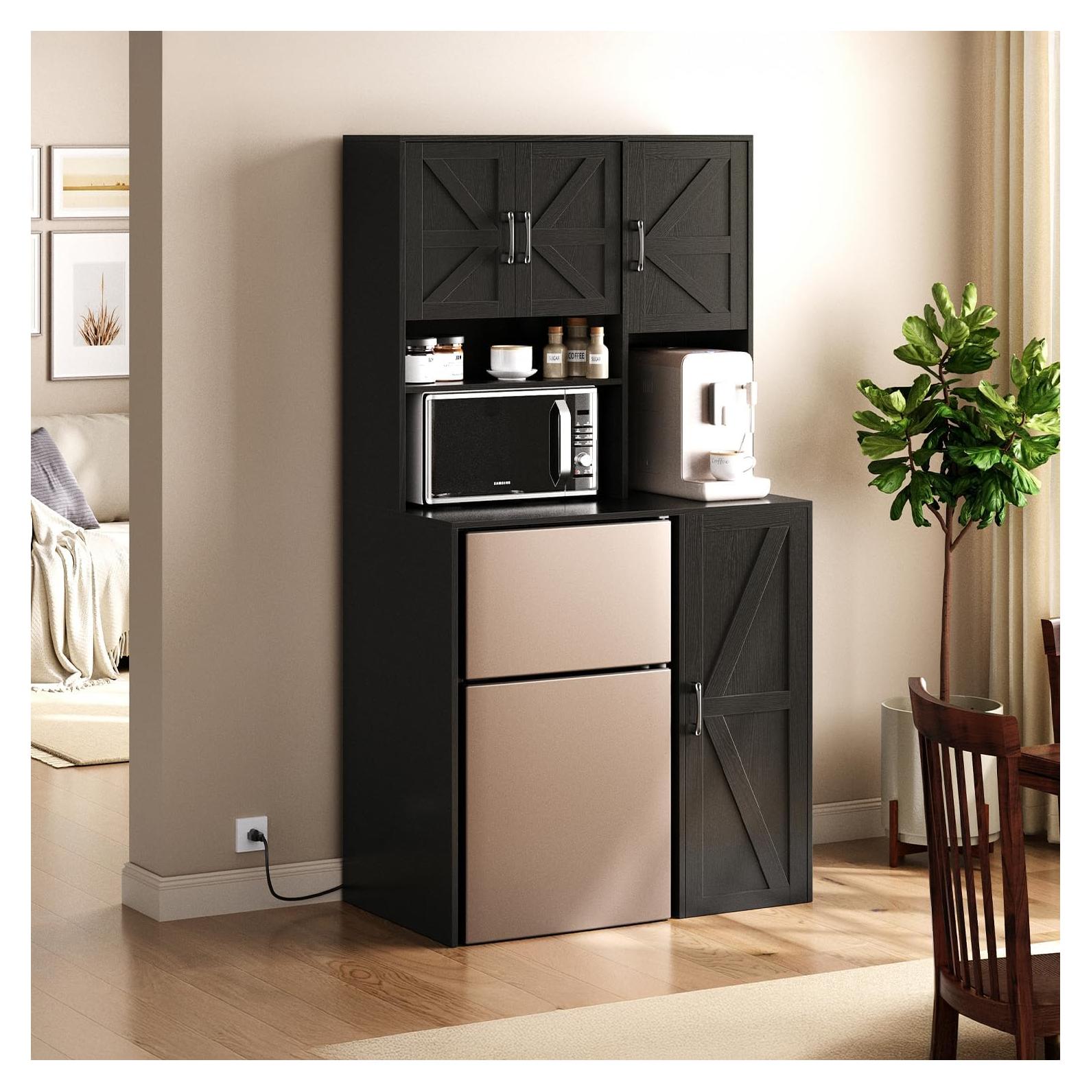 Mini Fridge Cabinet with Storage, Coffee Bar Cabinet with Mini Fridge Space and Outlet, Wine Bar Stand with Microwave Shelf, Beverage Station for Kitchen, Dorm, Office Black KH02MRB
