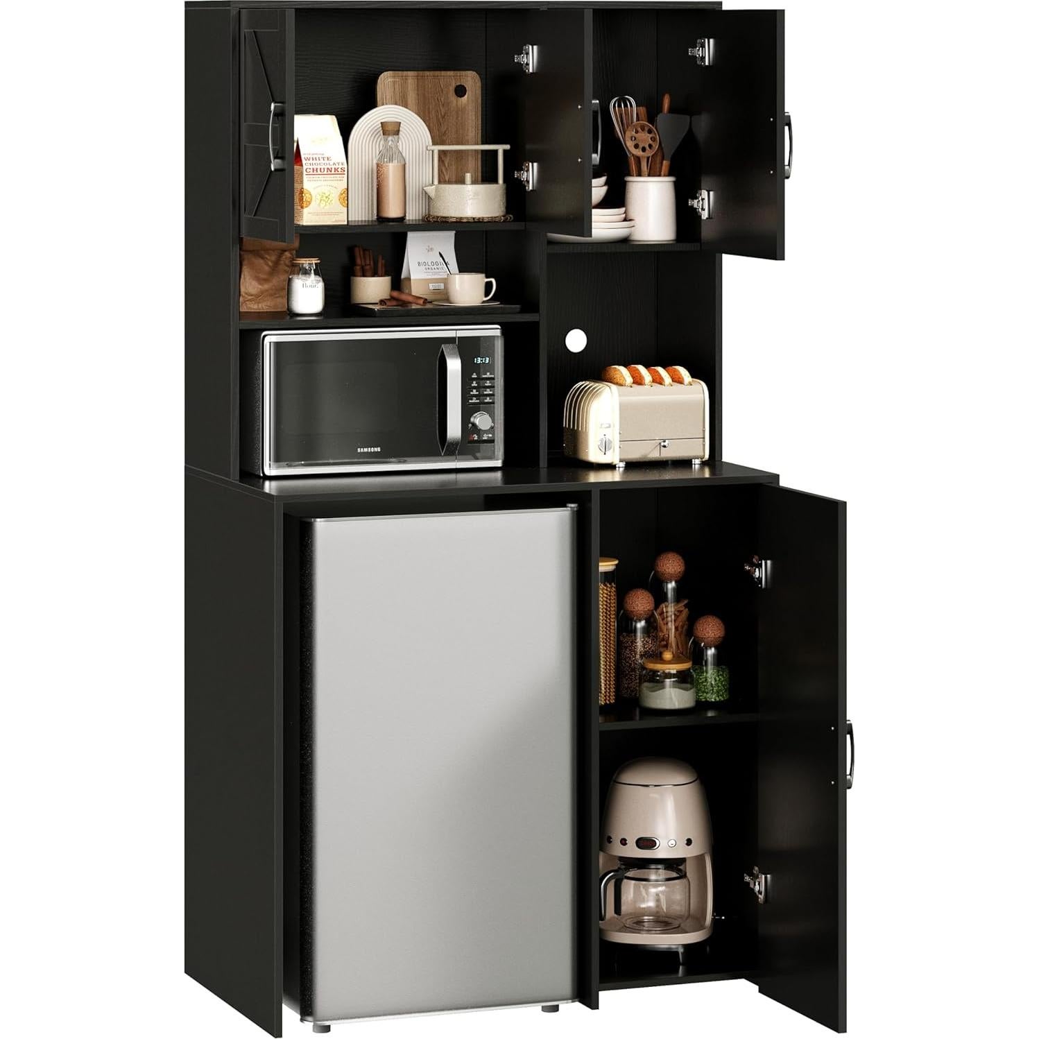 Mini Fridge Cabinet with Storage, Coffee Bar Cabinet with Mini Fridge Space and Outlet, Wine Bar Stand with Microwave Shelf, Beverage Station for Kitchen, Dorm, Office Black KH02MRB