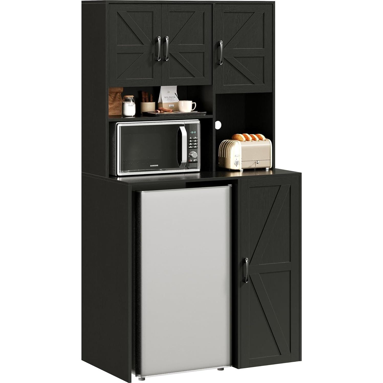 Mini Fridge Cabinet with Storage, Coffee Bar Cabinet with Mini Fridge Space and Outlet, Wine Bar Stand with Microwave Shelf, Beverage Station for Kitchen, Dorm, Office Black KH02MRB