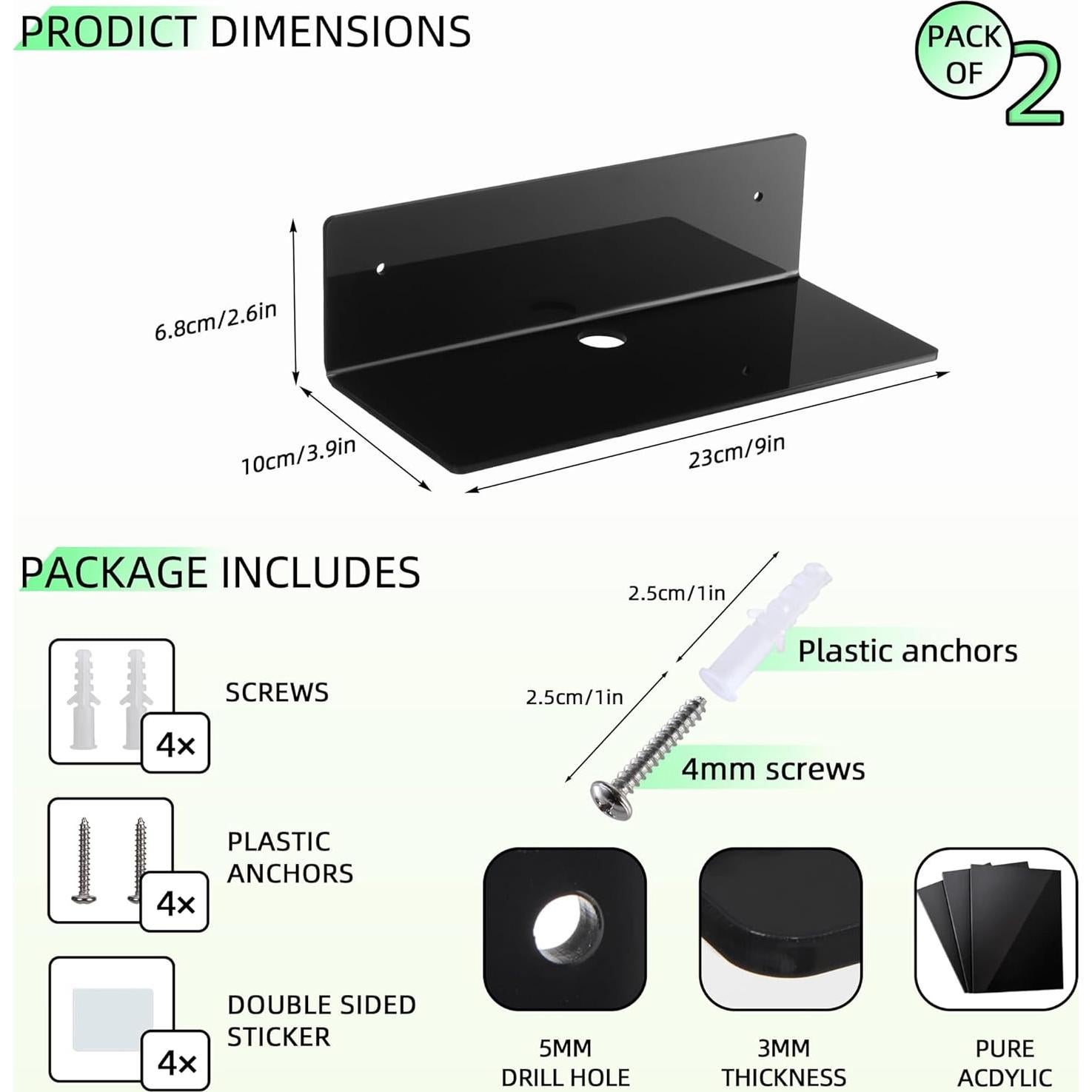 Estantes Flotantes de Acrílico LUOBAO 2 Pack 22.86 cm Negro