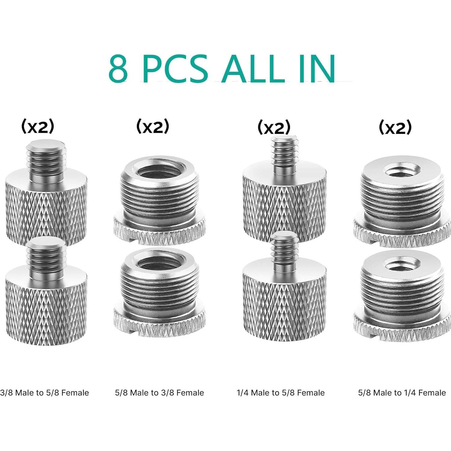 8Pcs Slivery Mic Thread Adapter Kit 5/8 to 3/8 Screw Adapters 1/4 to 5/8 Stand Adapter Aluminum Alloy 8 pcs slivery