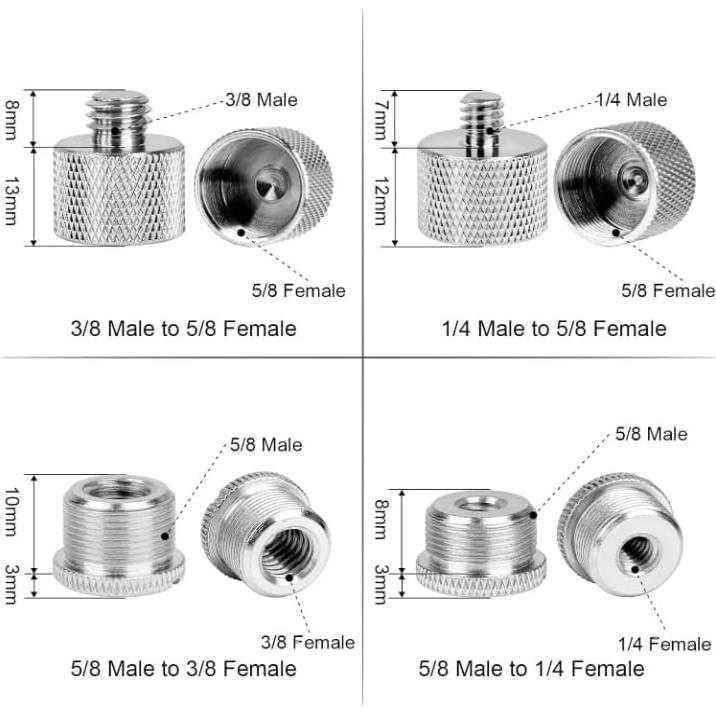 8Pcs Slivery Mic Thread Adapter Kit 5/8 to 3/8 Screw Adapters 1/4 to 5/8 Stand Adapter Aluminum Alloy 8 pcs slivery