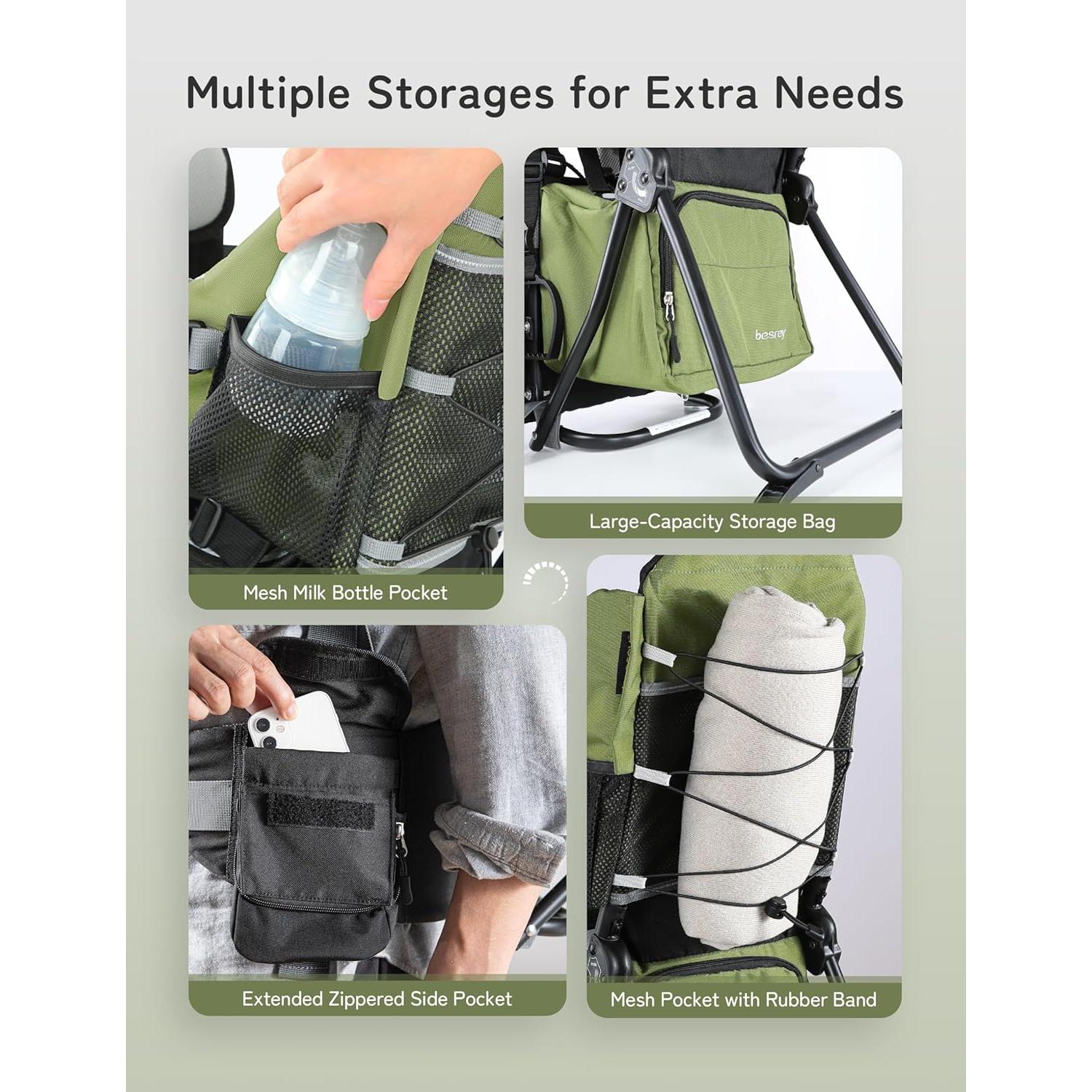 Mochila Portabebés Besrey Verde Militar para Senderismo con Asiento