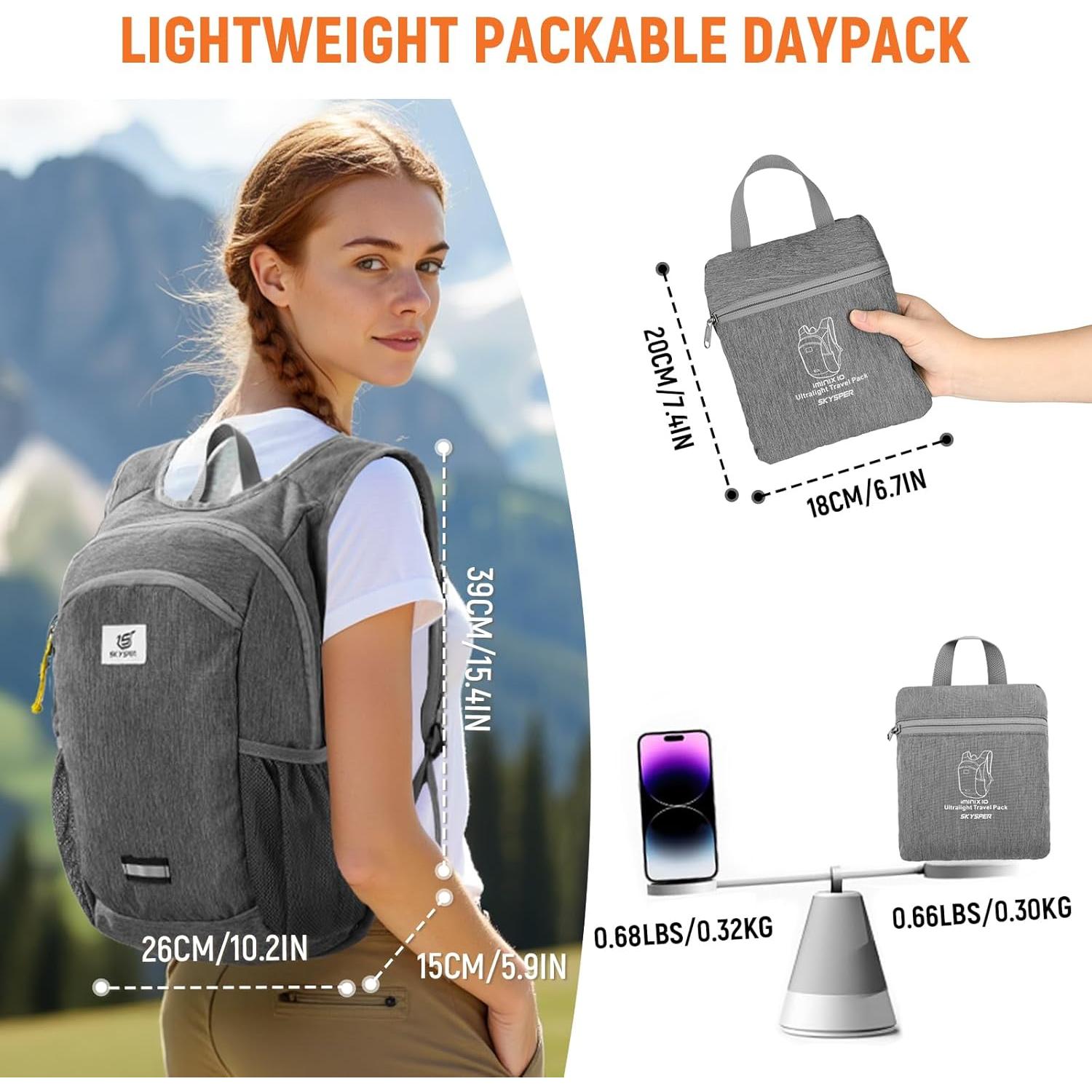 Mochila de Senderismo Plegable SKYSPER 10L Gris Compacta