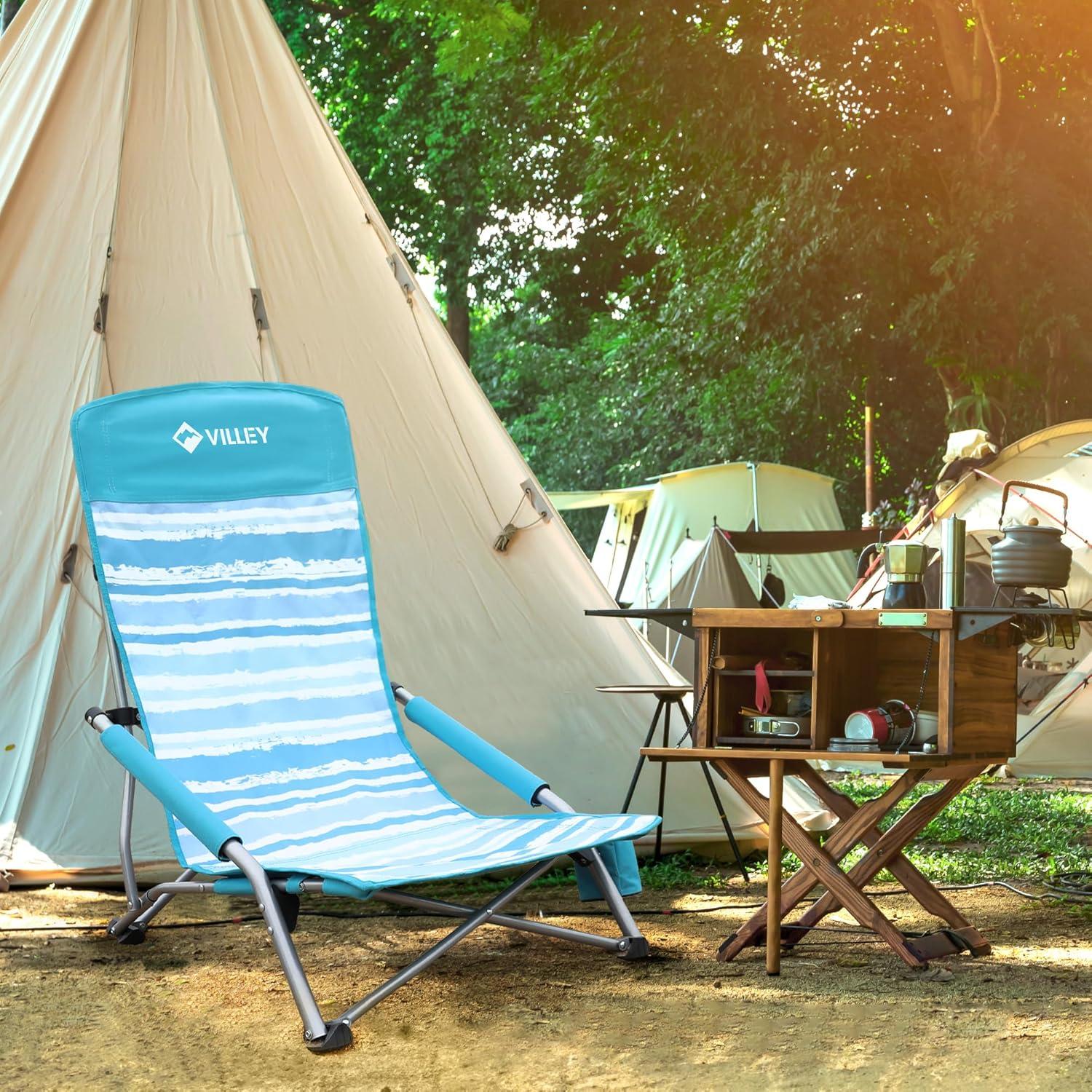 Silla de Playa Plegable VILLEY Baja con Respaldo Alto - Rayas Azules