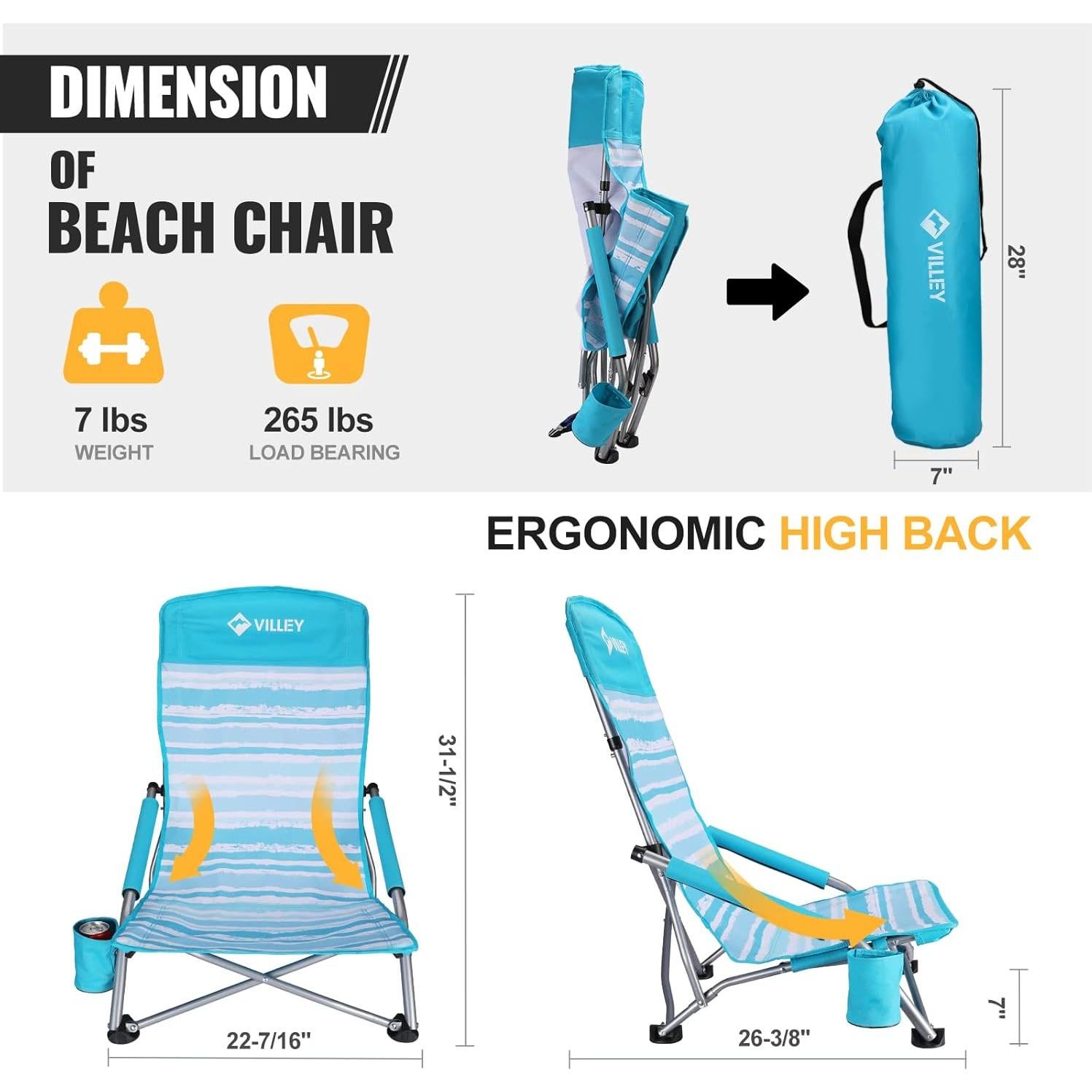 Silla de Playa Plegable VILLEY Baja con Respaldo Alto - Rayas Azules