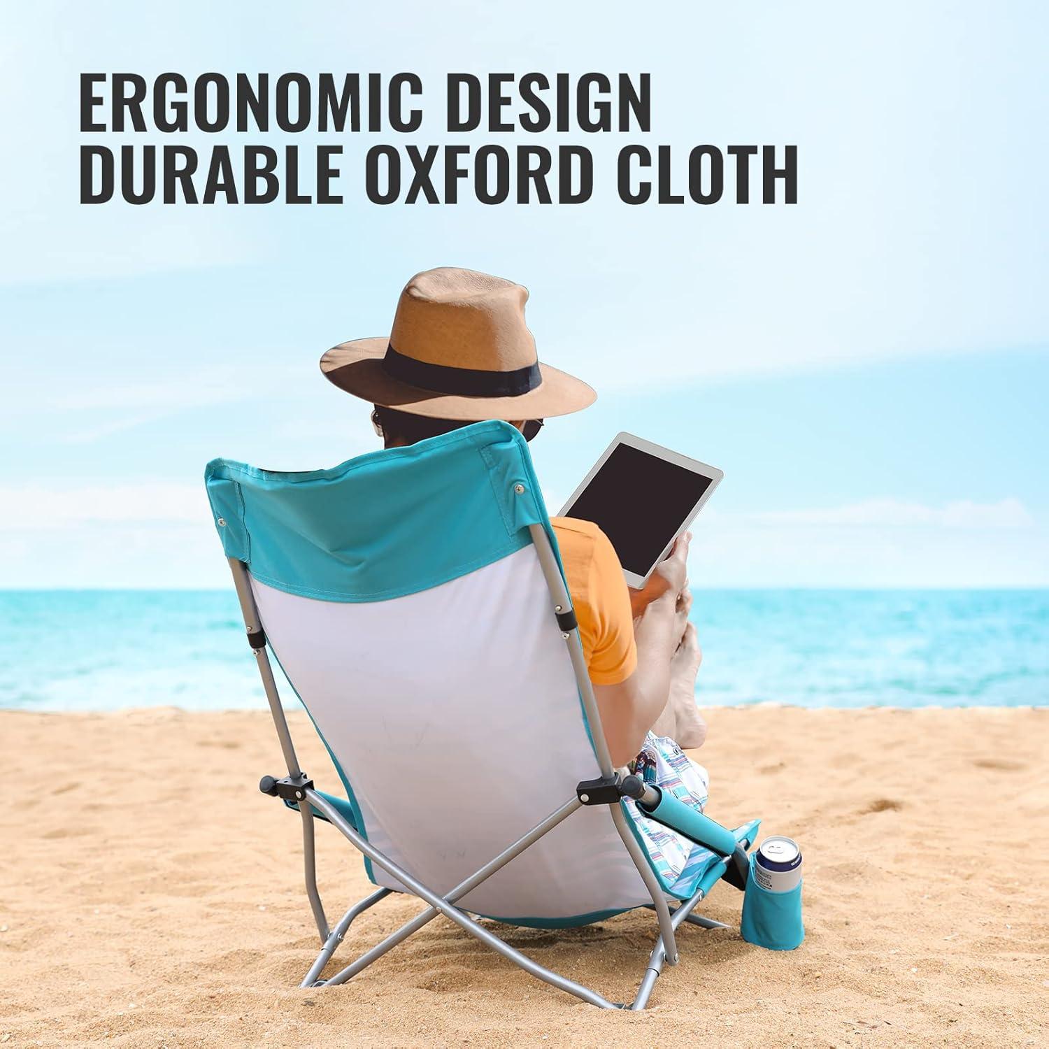 Silla de Playa Plegable VILLEY Baja con Respaldo Alto - Rayas Azules