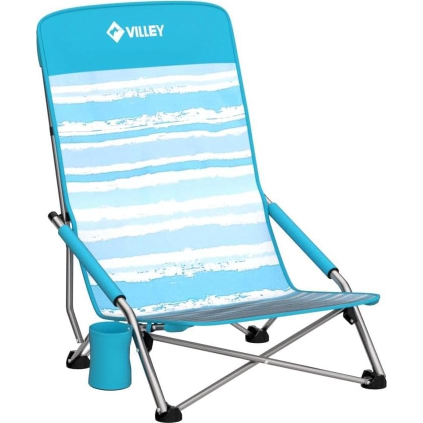 Silla de Playa Plegable VILLEY Baja con Respaldo Alto - Rayas Azules