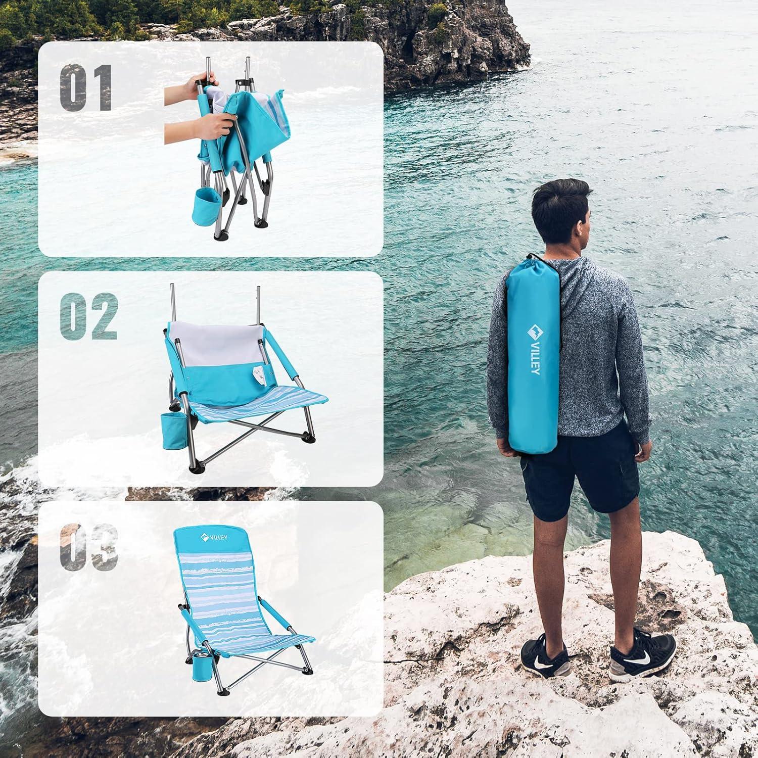Silla de Playa Plegable VILLEY Baja con Respaldo Alto - Rayas Azules