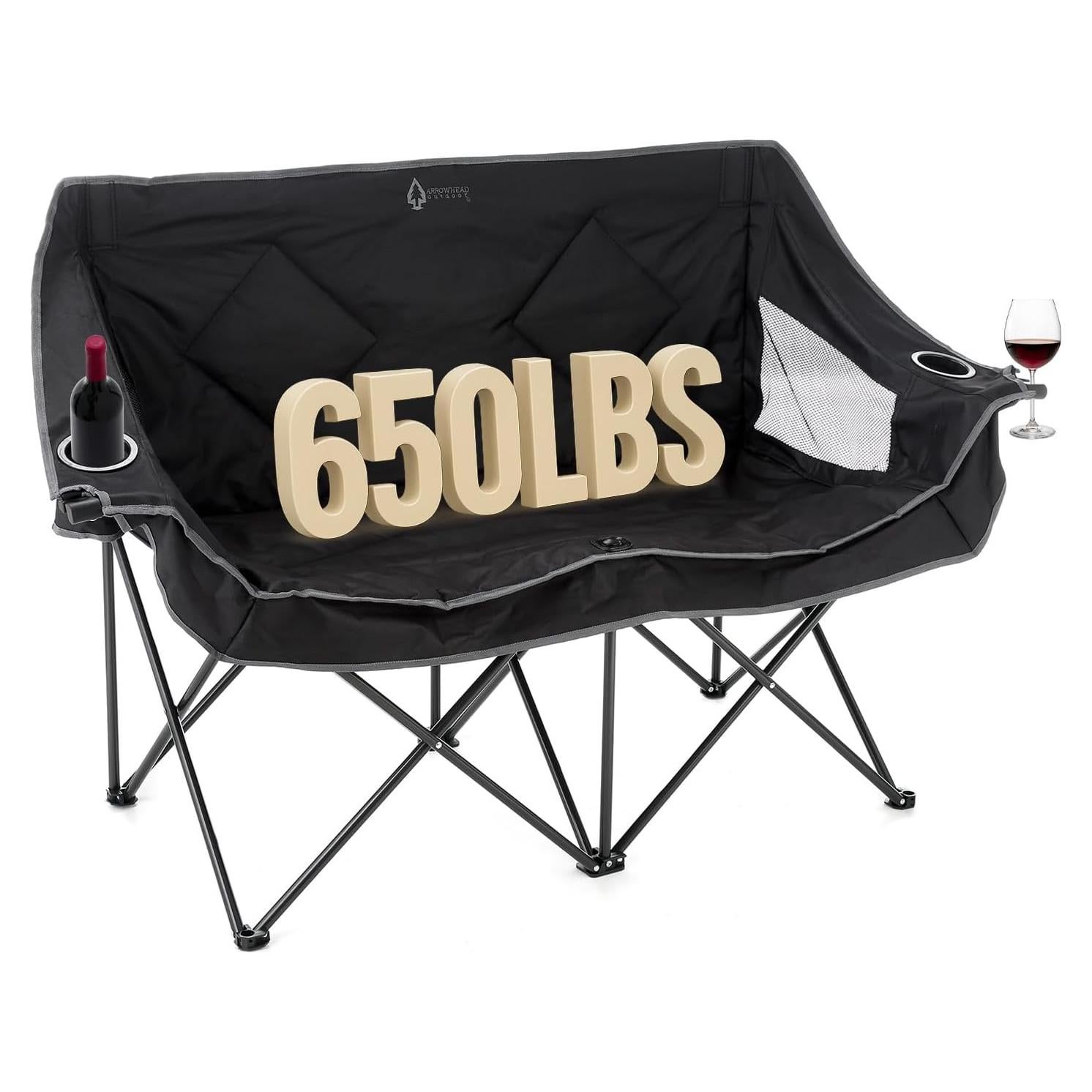 ARROWHEAD OUTDOOR Portable Folding Double Duo Camping Chair Loveseat w/ 2 Cup & Wine Glass Holder, Heavy-Duty Carrying Bag, Padded Seats & Armrests, Supports up to 500lbs, Charcoal Black, USA-Support