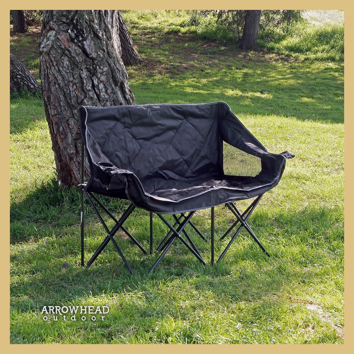 ARROWHEAD OUTDOOR Portable Folding Double Duo Camping Chair Loveseat w/ 2 Cup & Wine Glass Holder, Heavy-Duty Carrying Bag, Padded Seats & Armrests, Supports up to 500lbs, Charcoal Black, USA-Support