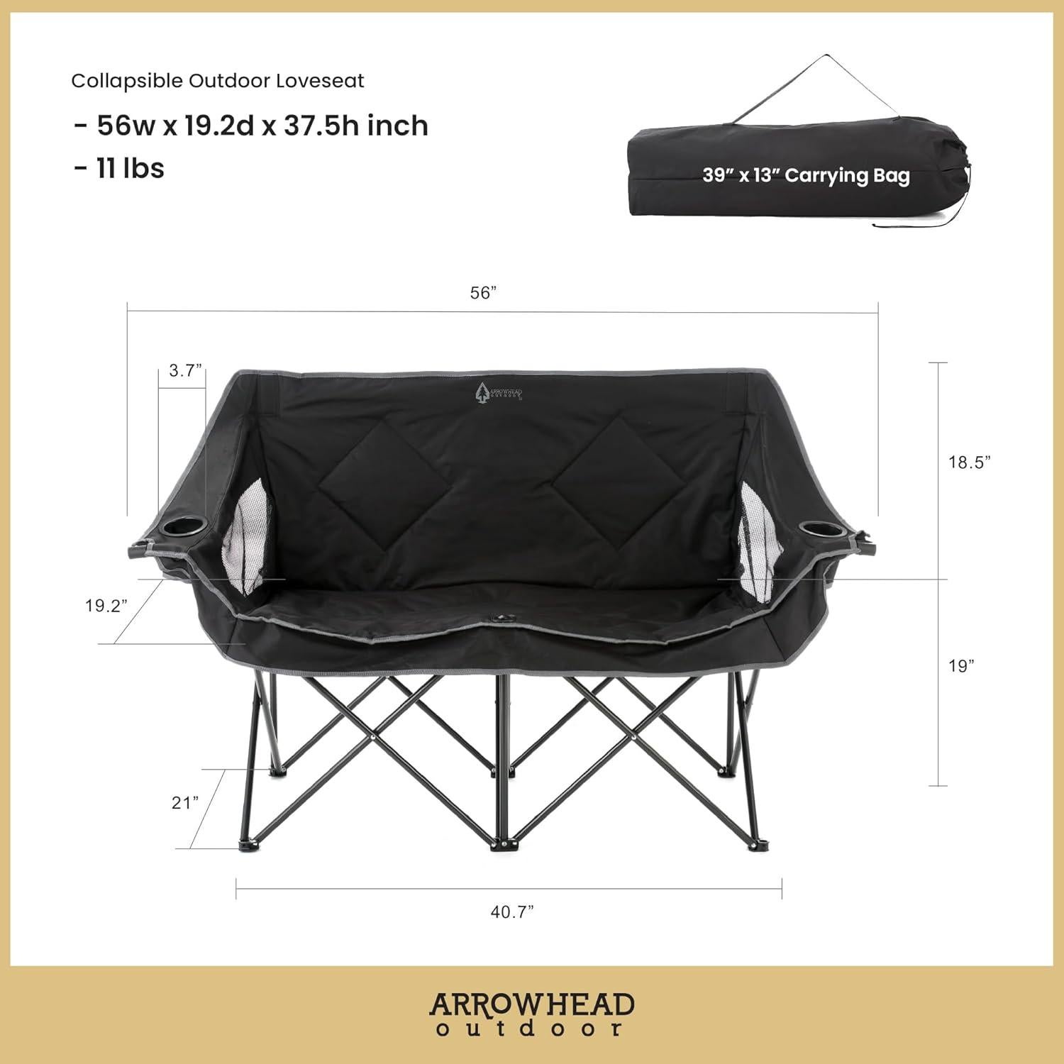 ARROWHEAD OUTDOOR Portable Folding Double Duo Camping Chair Loveseat w/ 2 Cup & Wine Glass Holder, Heavy-Duty Carrying Bag, Padded Seats & Armrests, Supports up to 500lbs, Charcoal Black, USA-Support