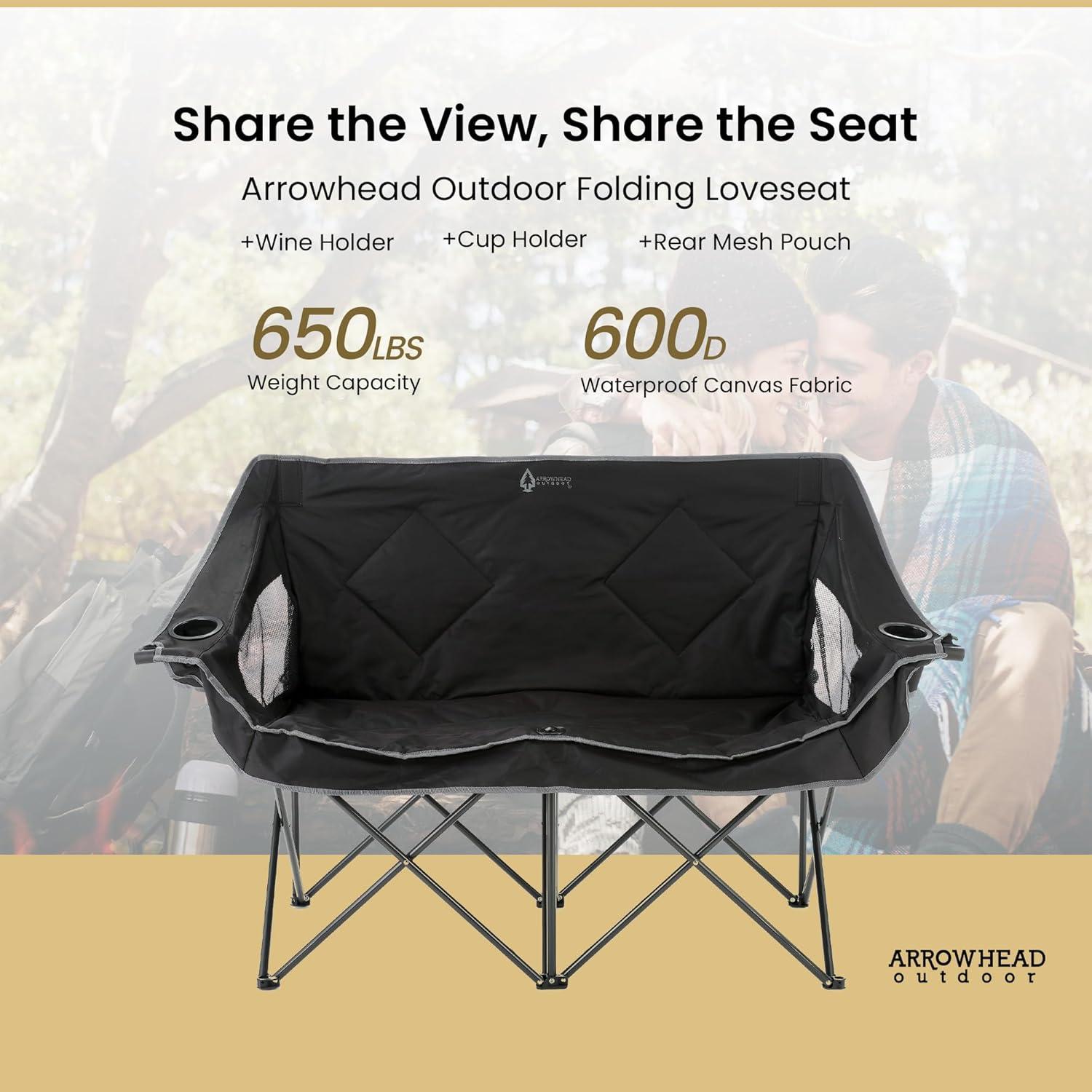 ARROWHEAD OUTDOOR Portable Folding Double Duo Camping Chair Loveseat w/ 2 Cup & Wine Glass Holder, Heavy-Duty Carrying Bag, Padded Seats & Armrests, Supports up to 500lbs, Charcoal Black, USA-Support