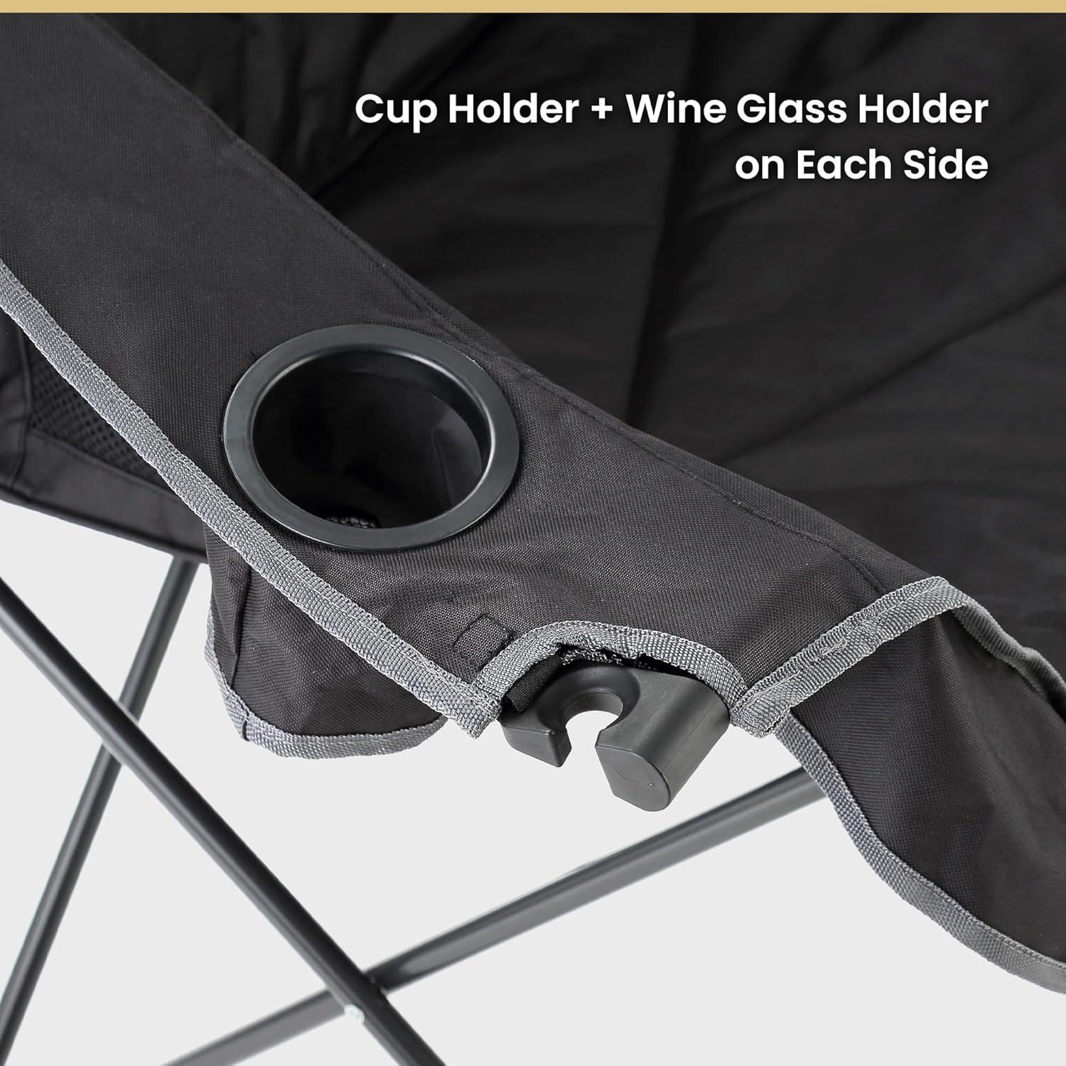 ARROWHEAD OUTDOOR Portable Folding Double Duo Camping Chair Loveseat w/ 2 Cup & Wine Glass Holder, Heavy-Duty Carrying Bag, Padded Seats & Armrests, Supports up to 500lbs, Charcoal Black, USA-Support