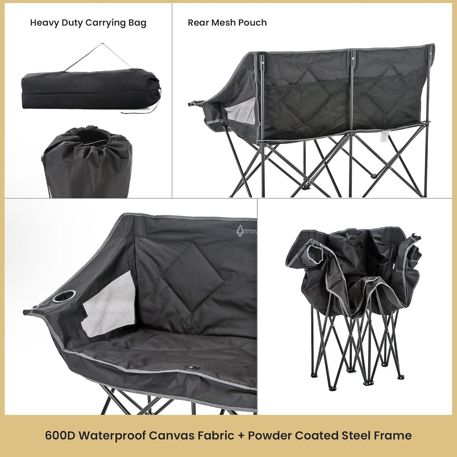ARROWHEAD OUTDOOR Portable Folding Double Duo Camping Chair Loveseat w/ 2 Cup & Wine Glass Holder, Heavy-Duty Carrying Bag, Padded Seats & Armrests, Supports up to 500lbs, Charcoal Black, USA-Support