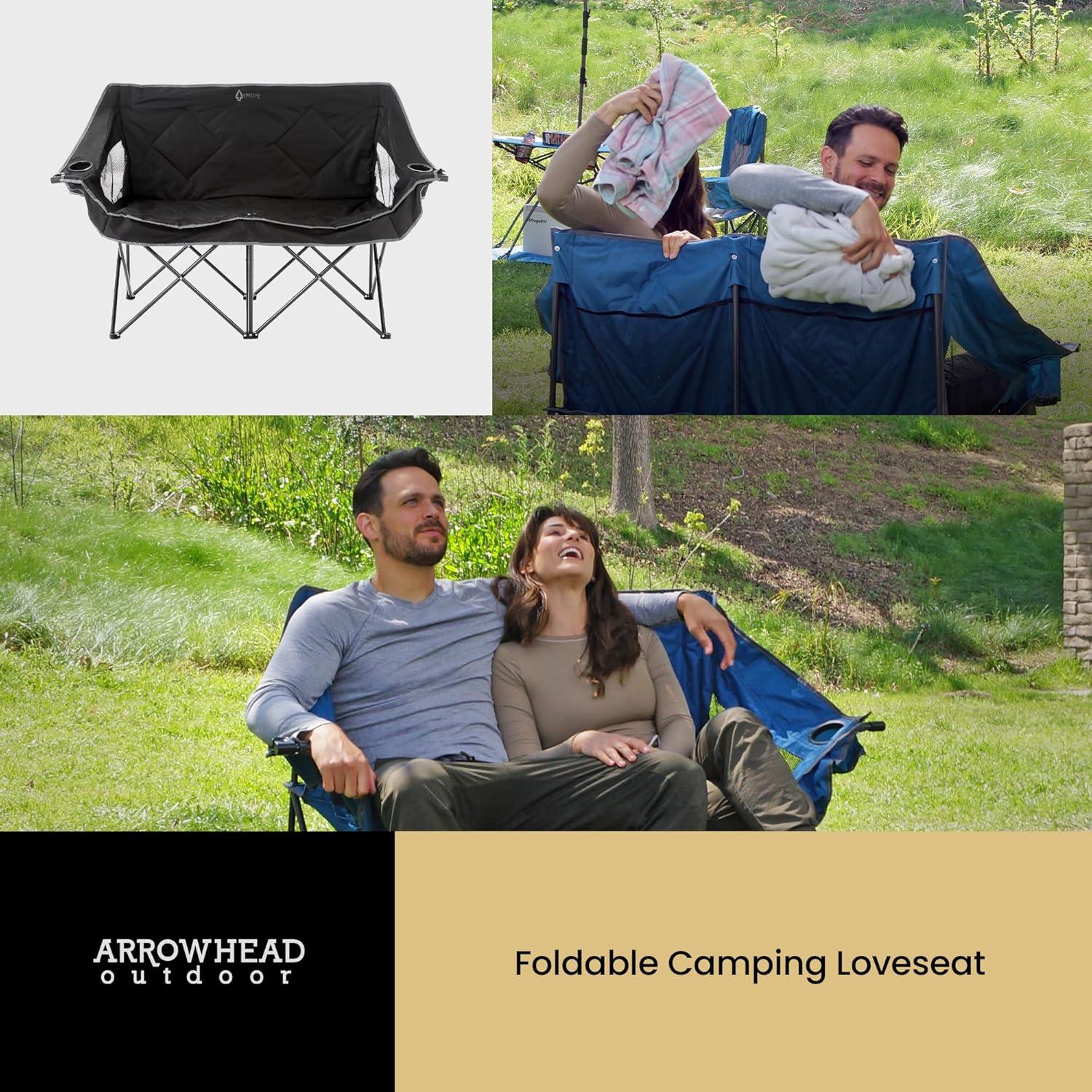 ARROWHEAD OUTDOOR Portable Folding Double Duo Camping Chair Loveseat w/ 2 Cup & Wine Glass Holder, Heavy-Duty Carrying Bag, Padded Seats & Armrests, Supports up to 500lbs, Charcoal Black, USA-Support