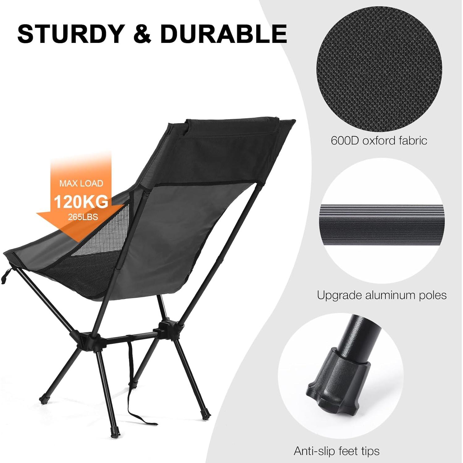 Silla de Camping Plegable Outplea Negra Respaldo Alto 120 kg