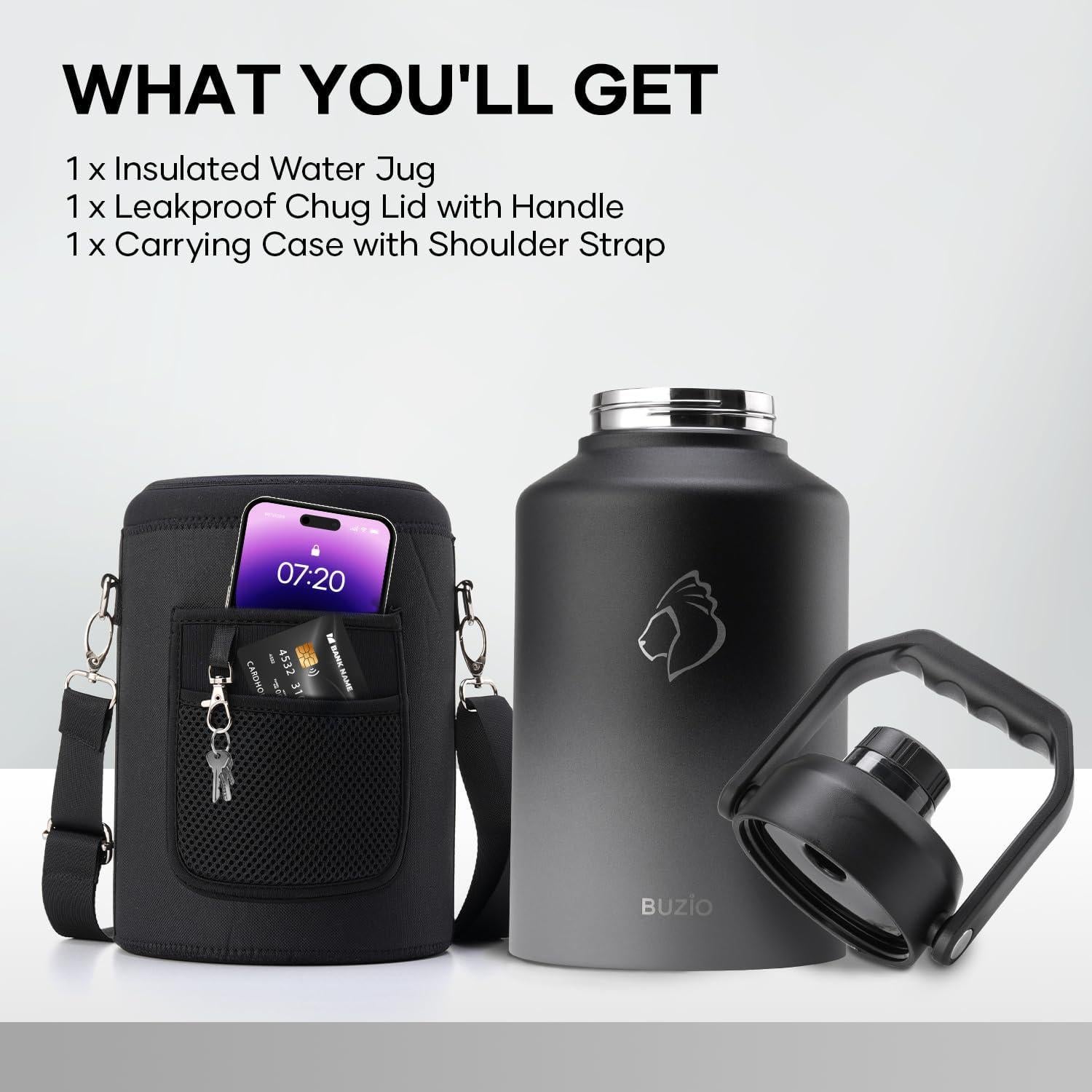 Botella de Agua BUZIO 128oz Aislada Acero Inoxidable Negro