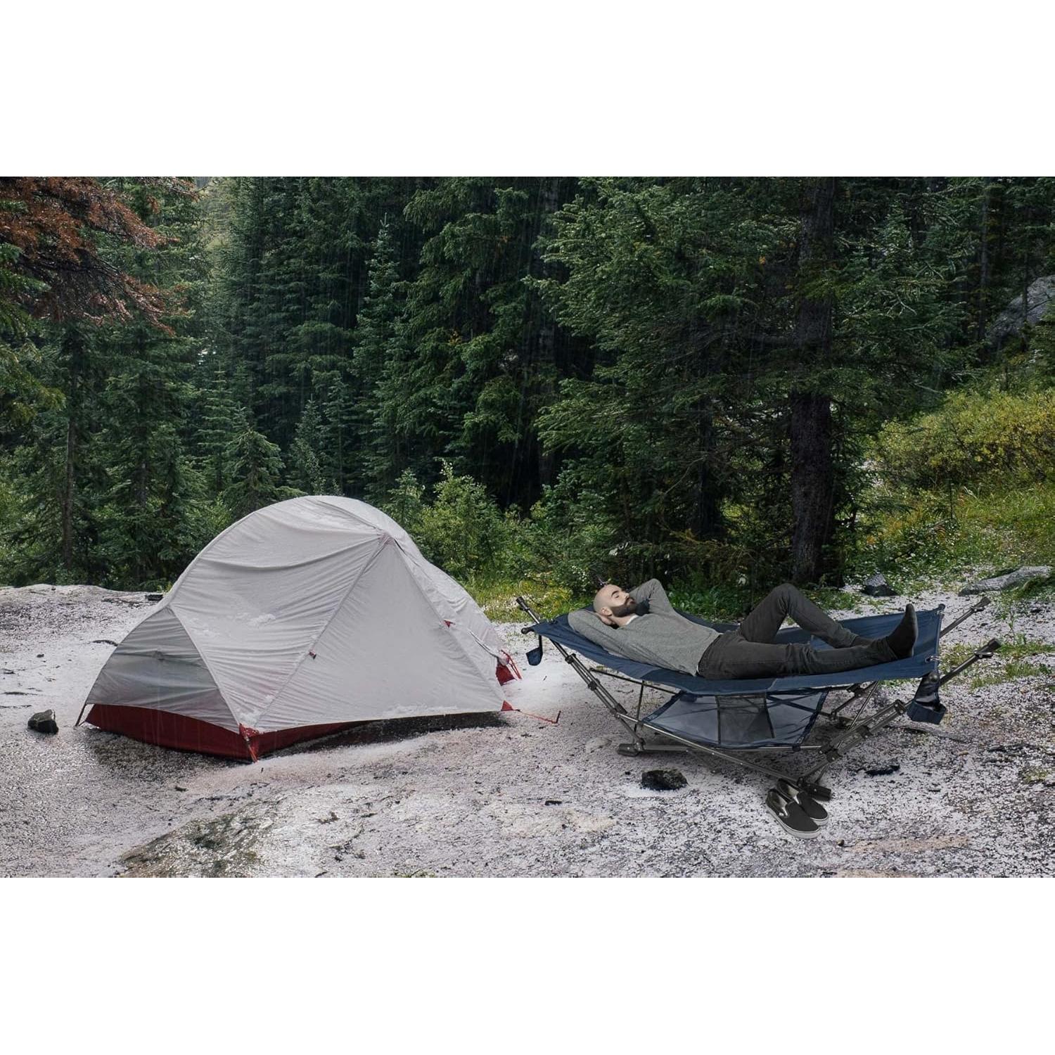 Zenithen Limited Outdoor Indoor Portable Foldable Metal Framed Lounge Hammock Furniture for Camping, Backyard, and Patio, Full Sized Hammock with Storage, Blue