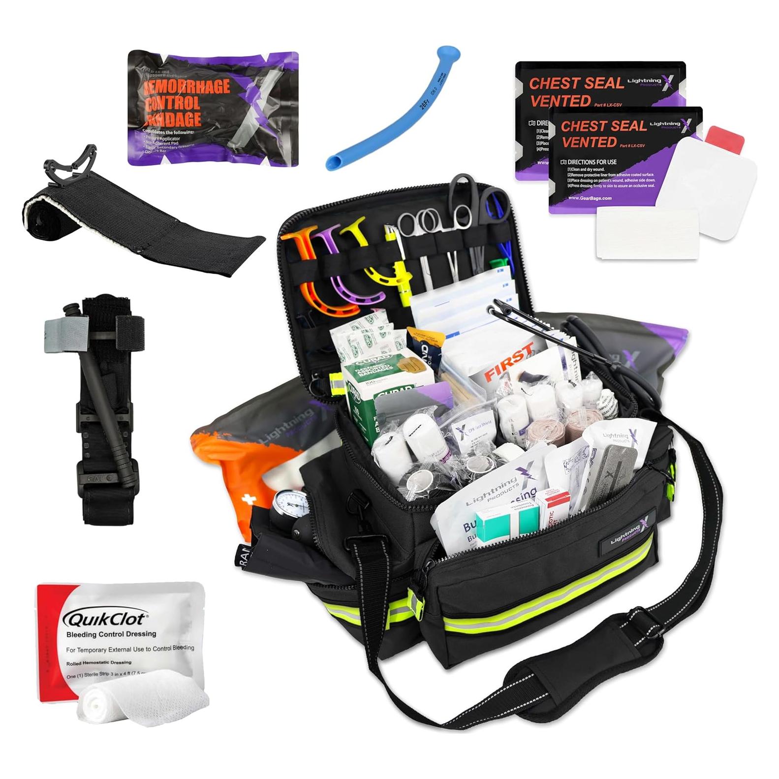 Lightning X Mid-Sized First Responder EMT Bag | LXMB25 | Fully Stocked w/ 248+ First Aid Supplies + Trauma Pak w/C.A.T. Tourniquet & QuikClot - Black