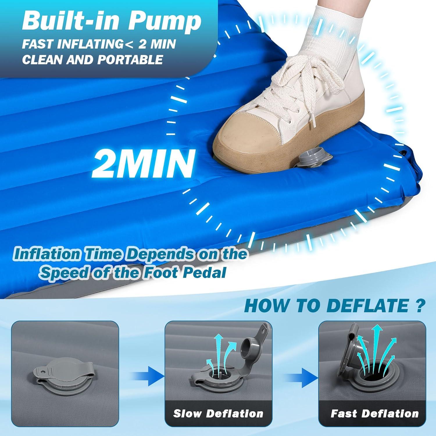 OUTSKIRT 4" Thickness Sleeping Pad with Built-in Foot Pump, Lightweight & Ultra-Comfort Camping Pads - Perfect for Camping, Hiking, Backpacking & Outdoor Adventures, Blue